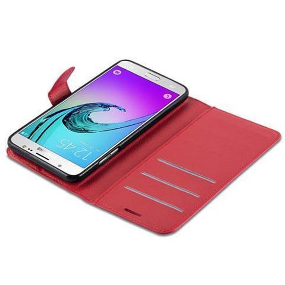 Cadorabo Hülle für Samsung Galaxy J7 2016 Schutz Hülle in Rot Handyhülle Etui Case Cover Magnetverschluss
