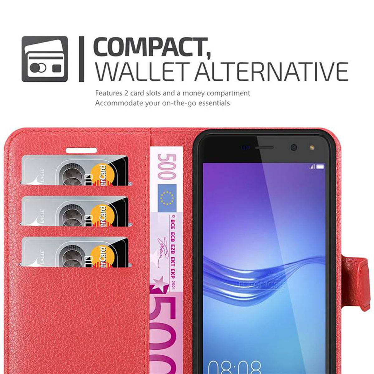 Cadorabo Hülle für Huawei Y5 2017 / Y6 2017 Schutz Hülle in Rot Handyhülle Etui Case Cover Magnetverschluss