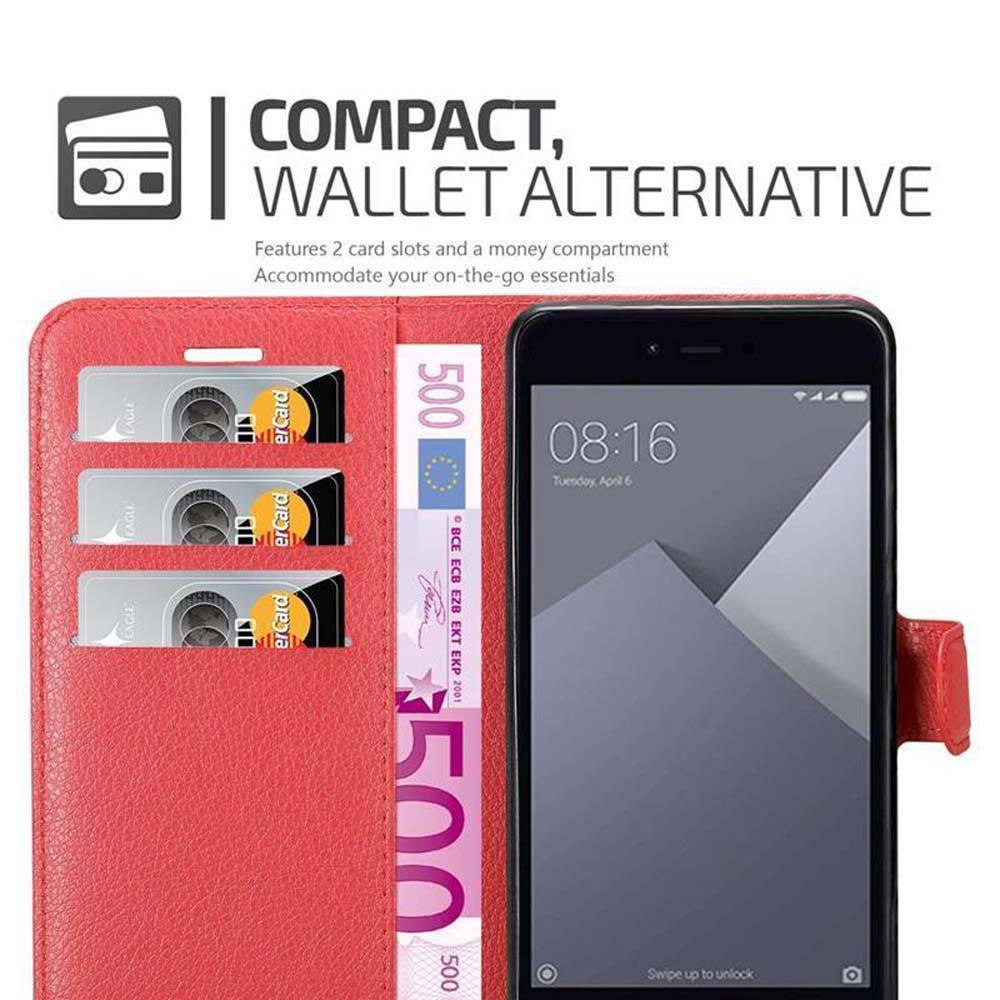 Cadorabo Hülle für Xiaomi RedMi NOTE 5A Schutz Hülle in Rot Handyhülle Etui Case Cover Magnetverschluss