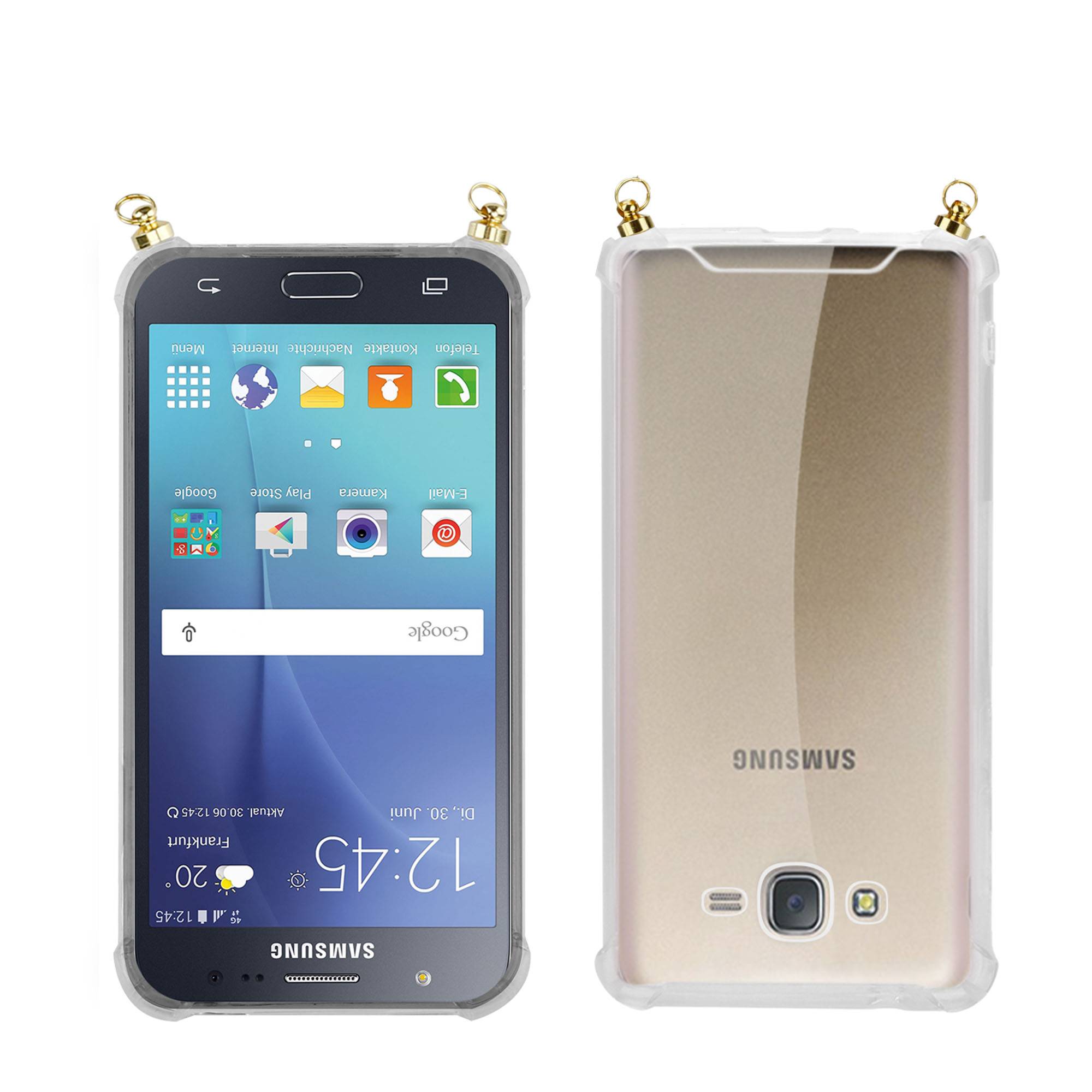 Silikon Hülle Handykette für Samsung Galaxy J5 2015 mit goldenen Ringen in DURCHSICHTIG