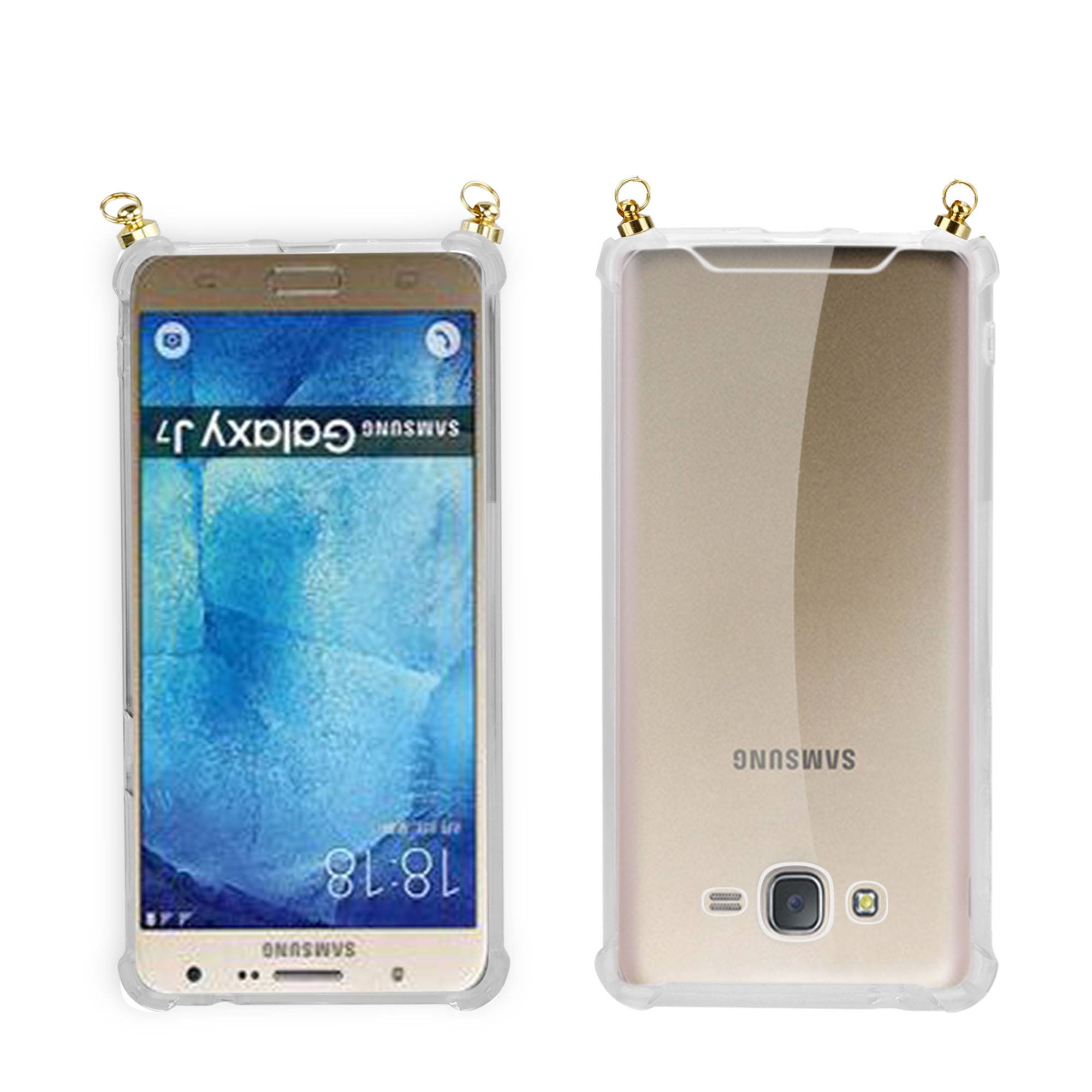 Silikon Hülle Handykette für Samsung Galaxy J7 2015 mit goldenen Ringen in DURCHSICHTIG
