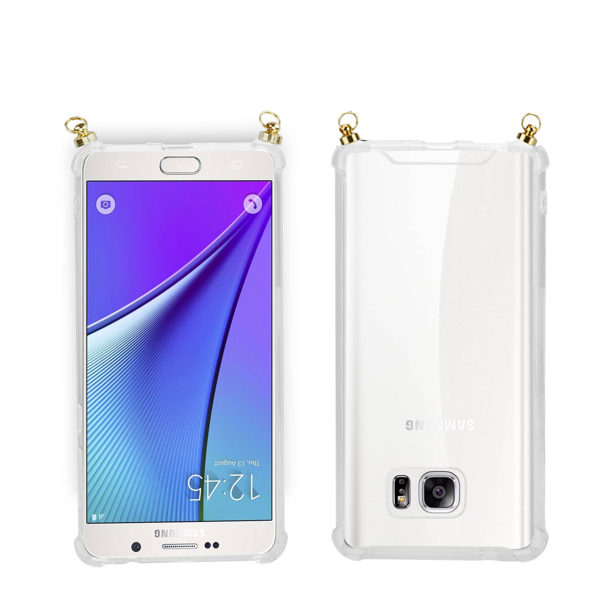 Silikon Hülle Handykette für Samsung Galaxy NOTE 5 mit goldenen Ringen in DURCHSICHTIG