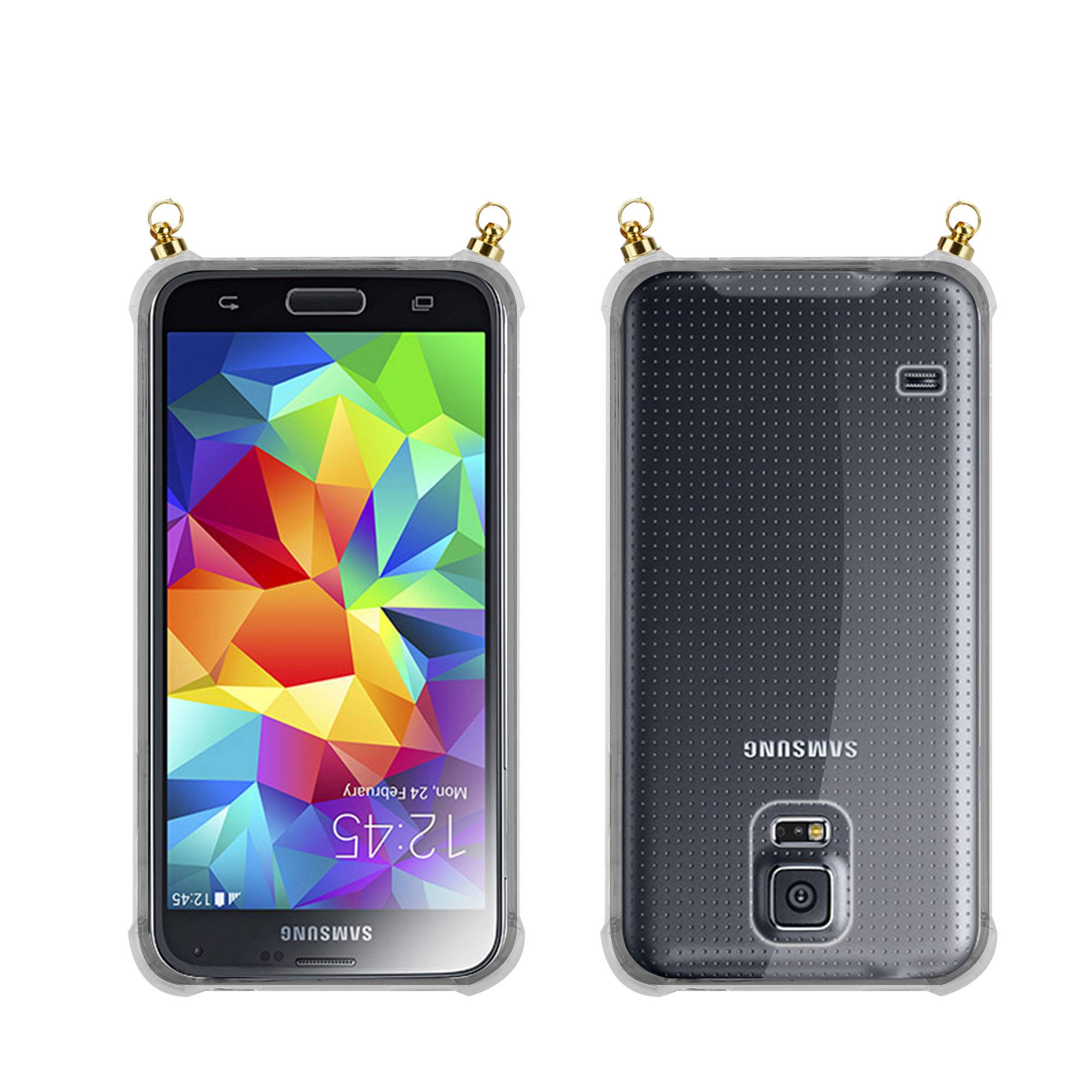 Silikon Hülle Handykette für Samsung Galaxy S5 / S5 NEO mit goldenen Ringen in DURCHSICHTIG