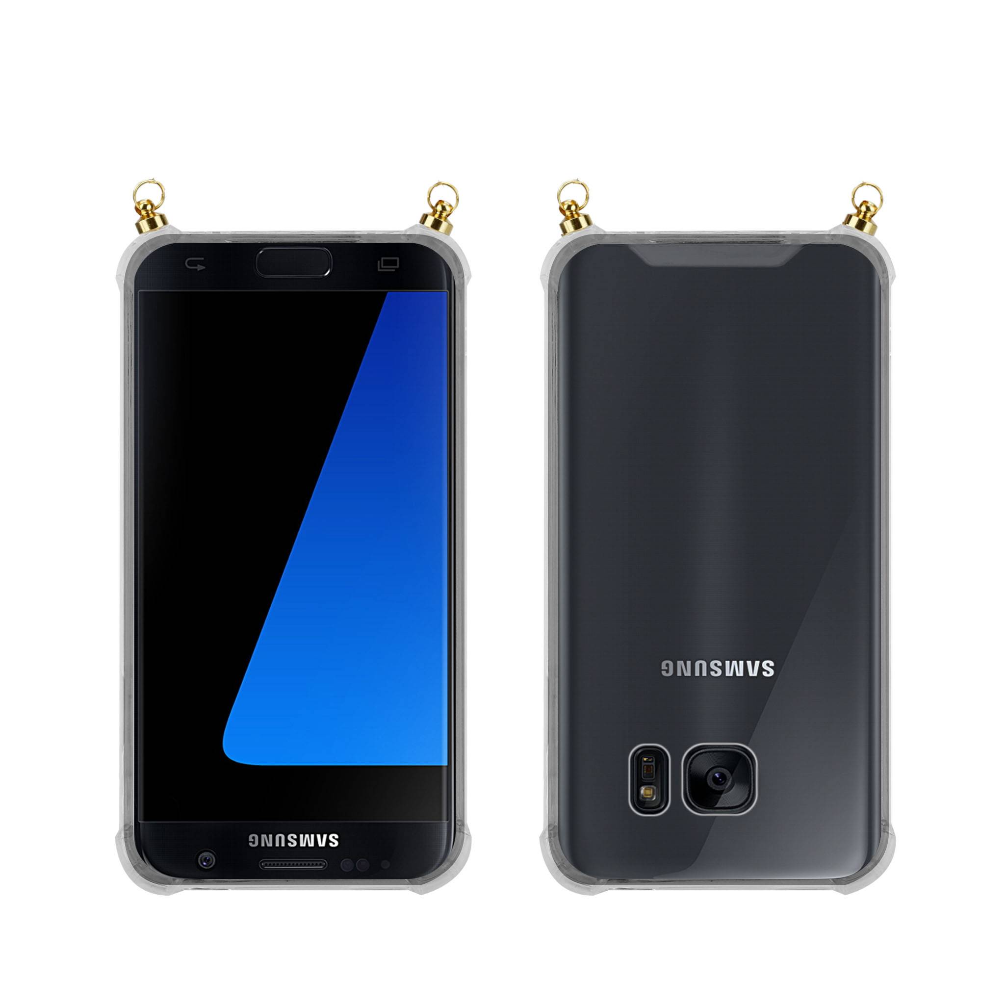 Silikon Hülle Handykette für Samsung Galaxy S7 EDGE mit goldenen Ringen in DURCHSICHTIG
