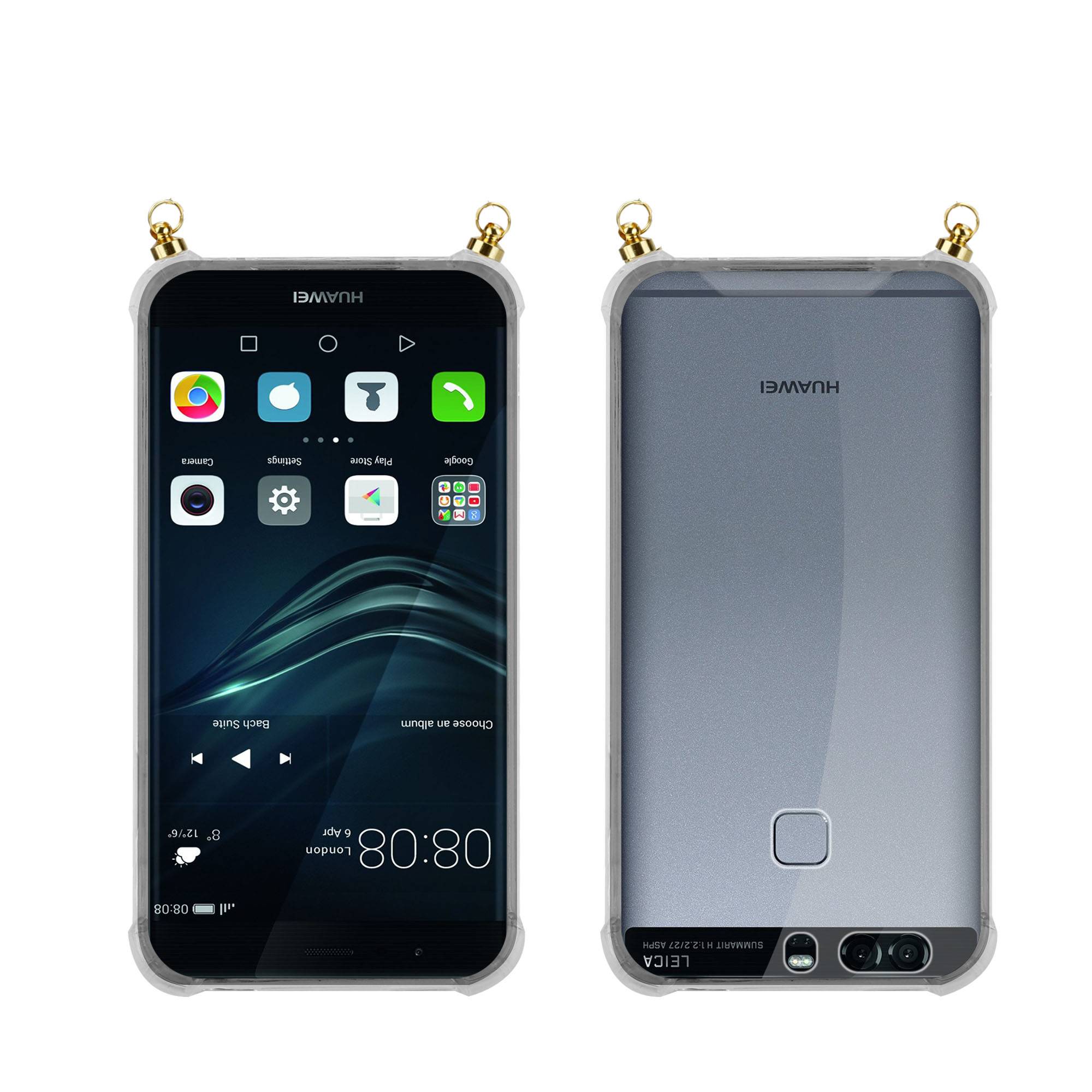 Silikon Hülle Handykette für Huawei P9 mit goldenen Ringen in DURCHSICHTIG