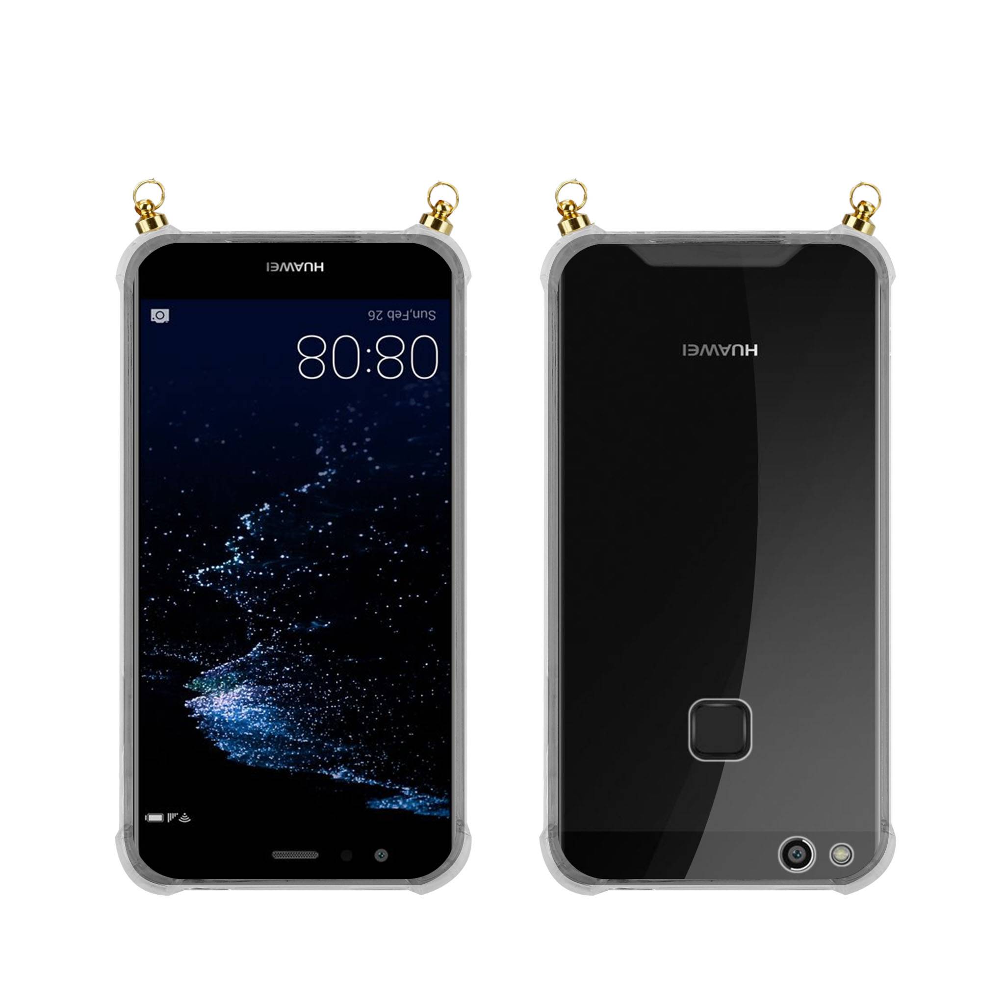 Silikon Hülle Handykette für Huawei P10 LITE mit goldenen Ringen in DURCHSICHTIG