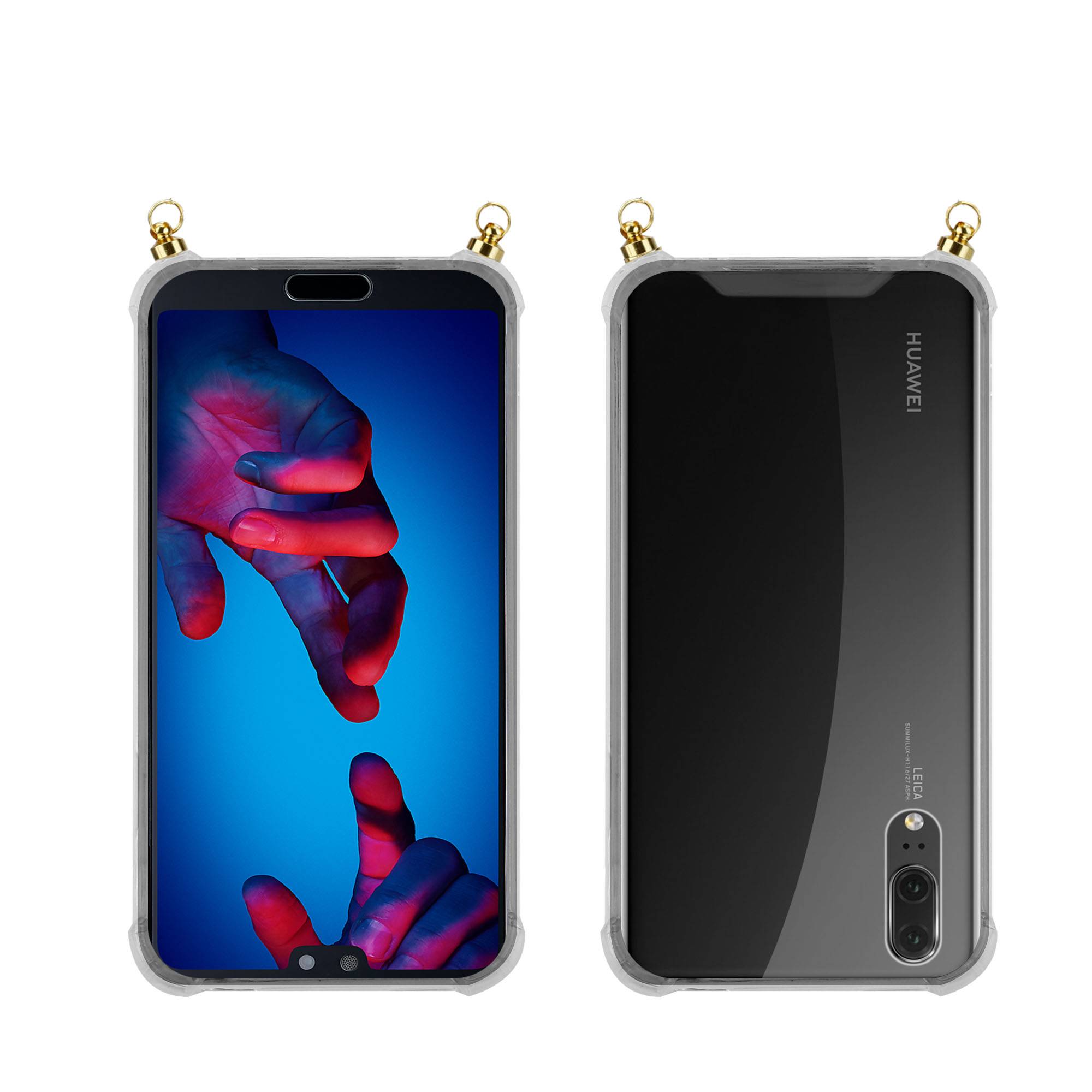 Silikon Hülle Handykette für Huawei P20 mit goldenen Ringen in DURCHSICHTIG