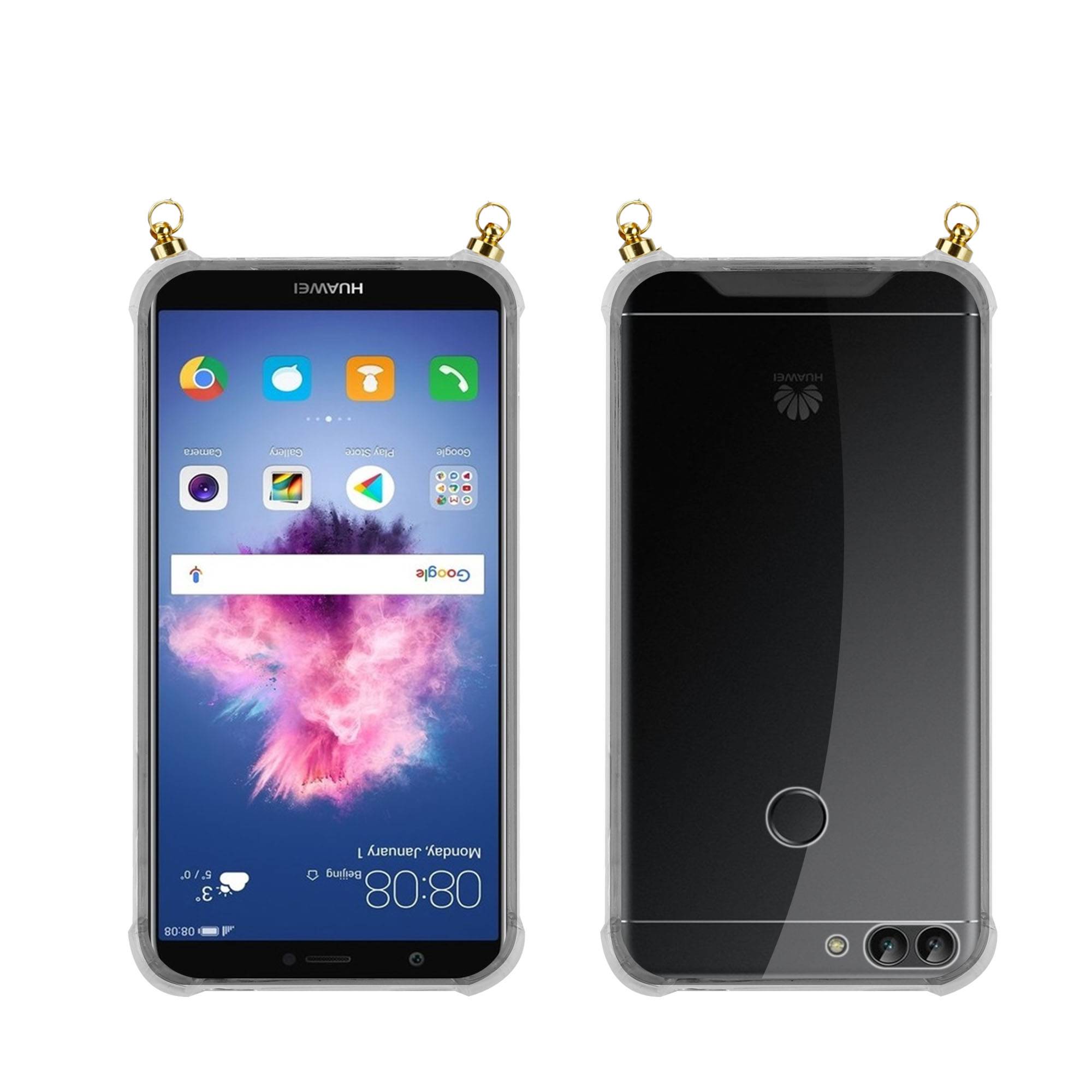 Silikon Hülle Handykette für Huawei P SMART 2018 / Enjoy 7S mit goldenen Ringen in DURCHSICHTIG