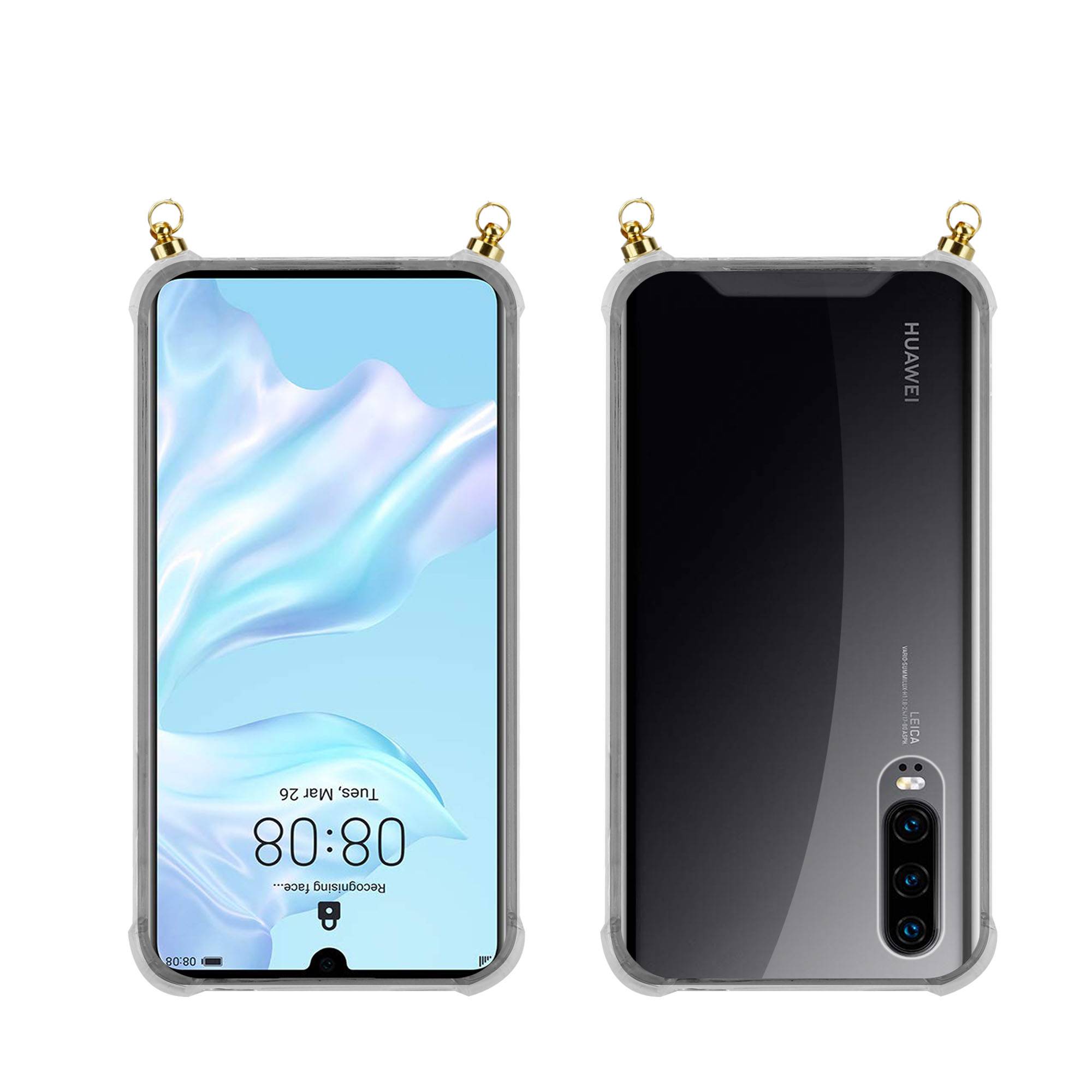 Silikon Hülle Handykette für Huawei P30 mit goldenen Ringen in DURCHSICHTIG