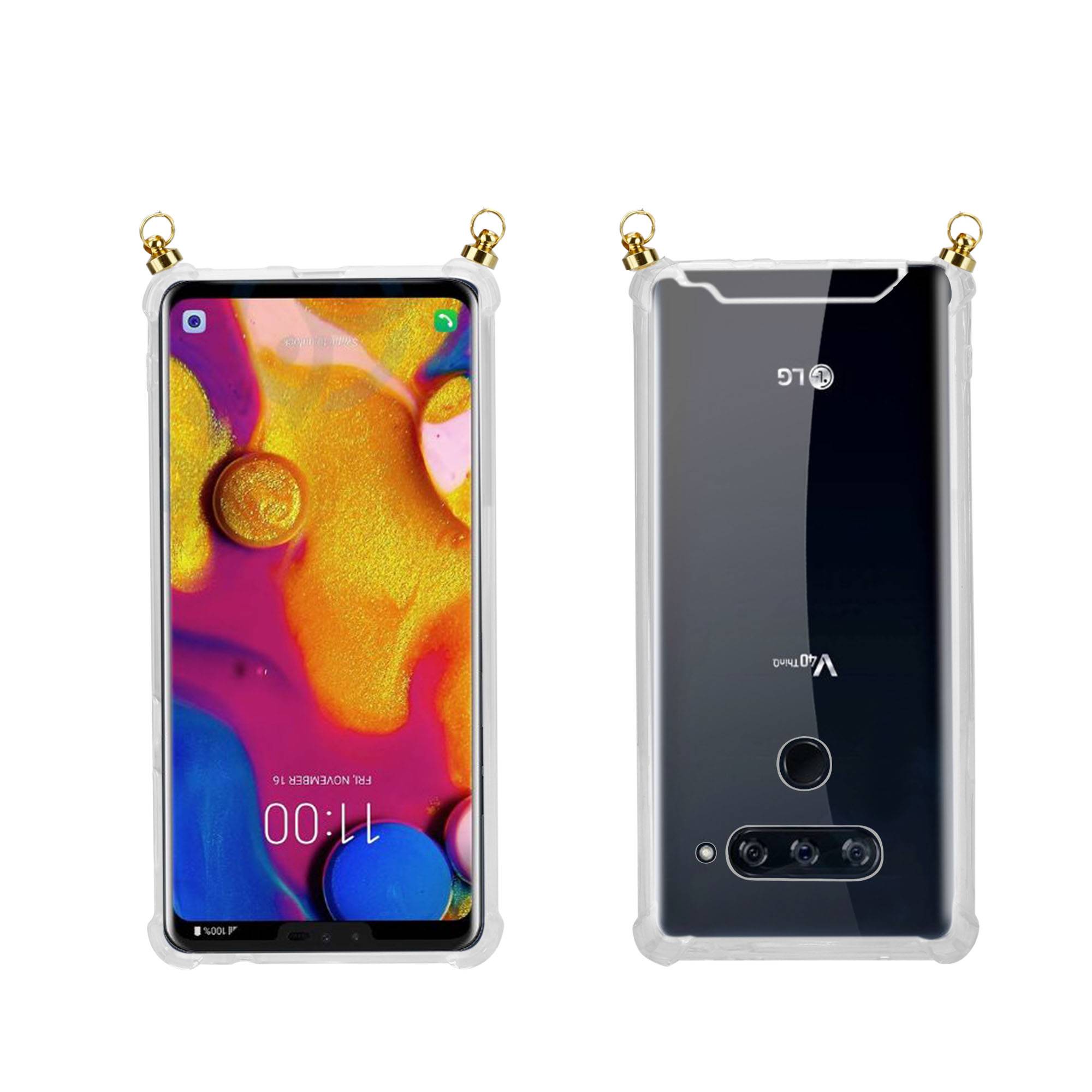Silikon Hülle Handykette für LG V40 mit goldenen Ringen in DURCHSICHTIG