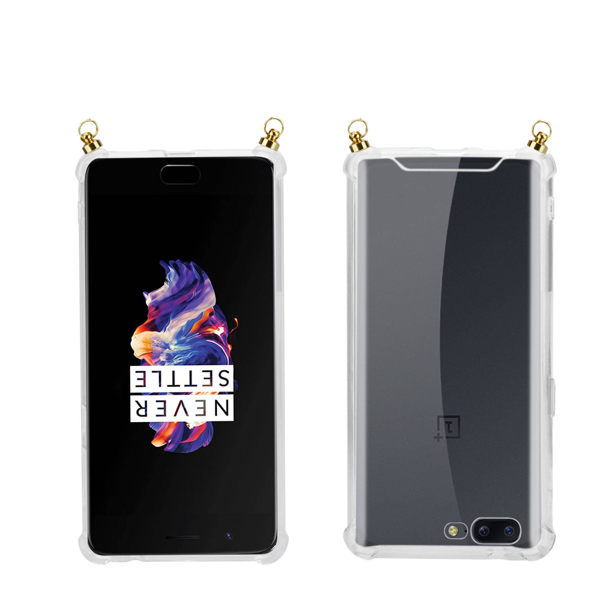 Silikon Hülle Handykette für OnePlus 5 mit goldenen Ringen in DURCHSICHTIG
