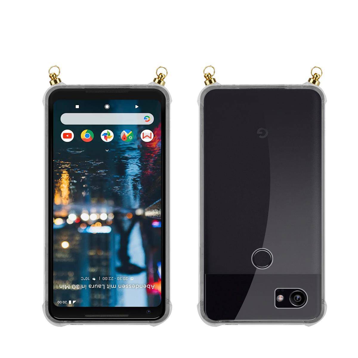 Silikon Hülle Handykette für Google PIXEL 2 XL mit goldenen Ringen in DURCHSICHTIG