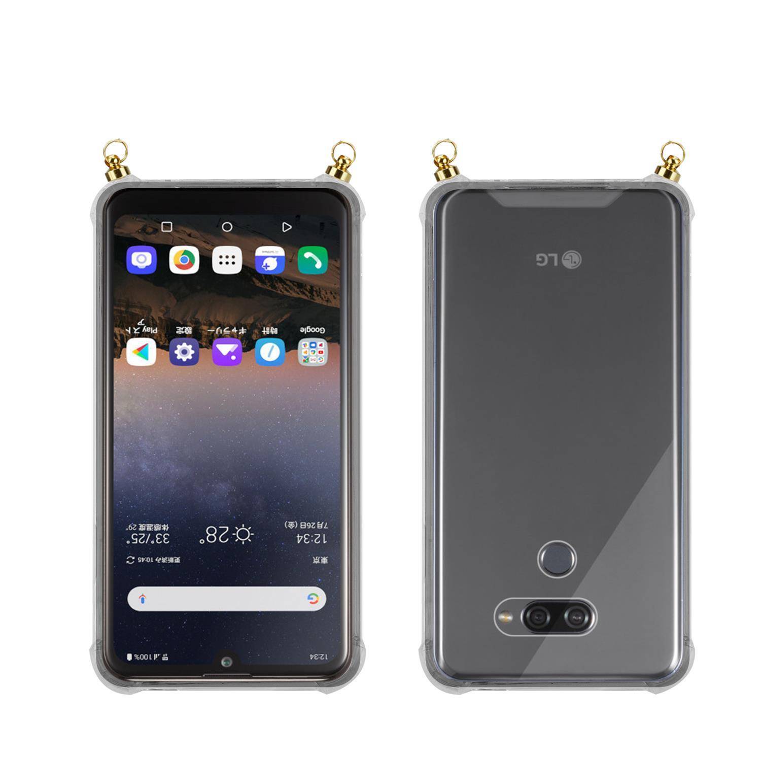 Silikon Hülle Handykette für LG Q60 mit goldenen Ringen in DURCHSICHTIG