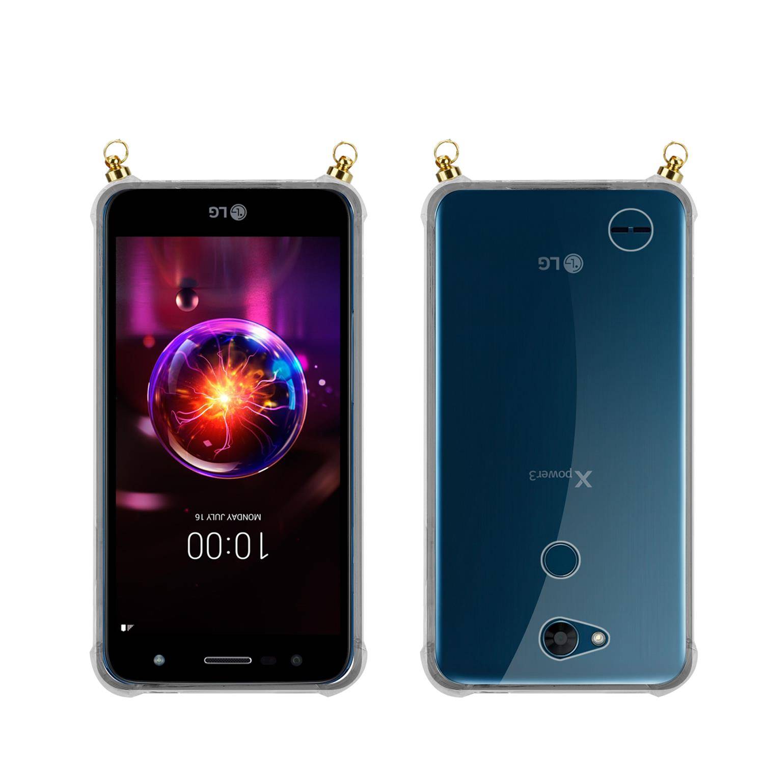 Silikon Hülle Handykette für LG X POWER 3 mit goldenen Ringen in DURCHSICHTIG