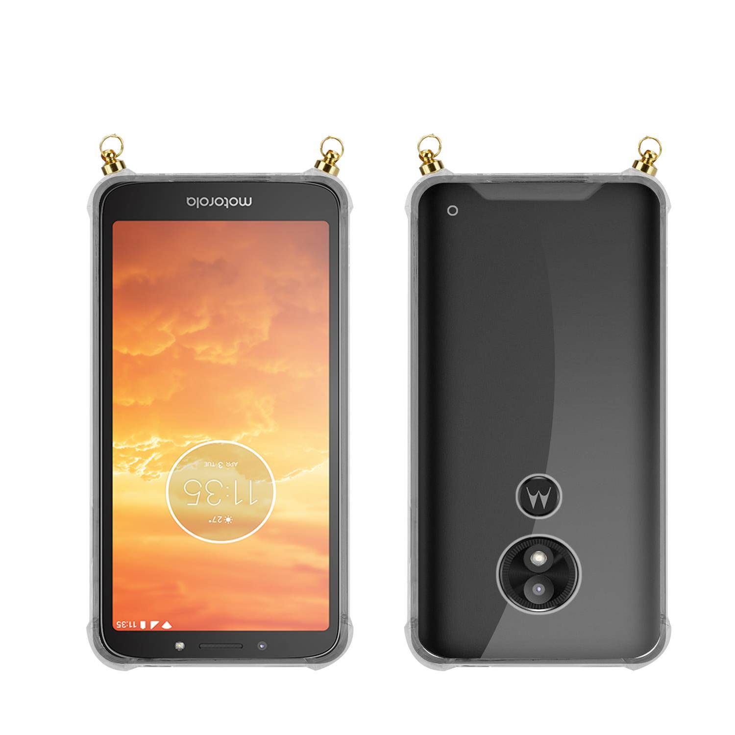 Silikon Hülle Handykette für Motorola MOTO E5 PLAY mit goldenen Ringen in DURCHSICHTIG