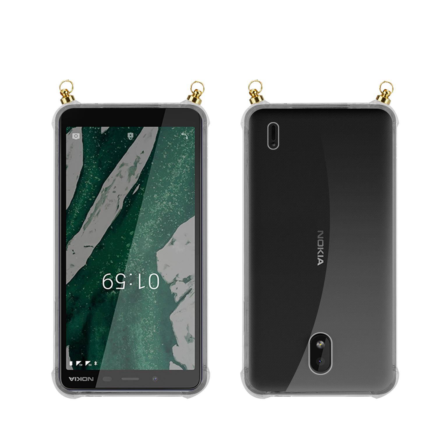 Silikon Hülle Handykette für Nokia 1 PLUS mit goldenen Ringen in DURCHSICHTIG
