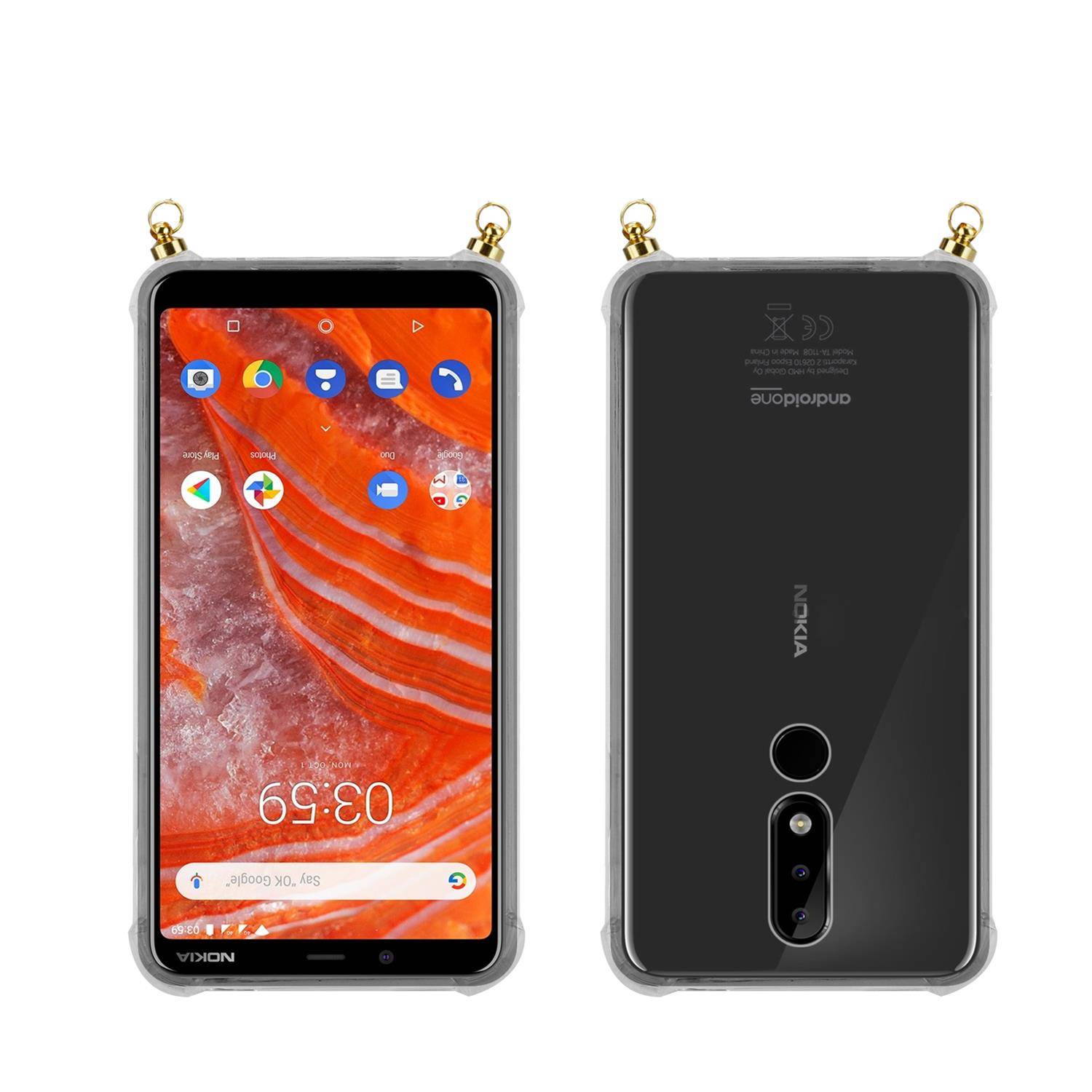 Silikon Hülle Handykette für Nokia 3.1 PLUS mit goldenen Ringen in DURCHSICHTIG