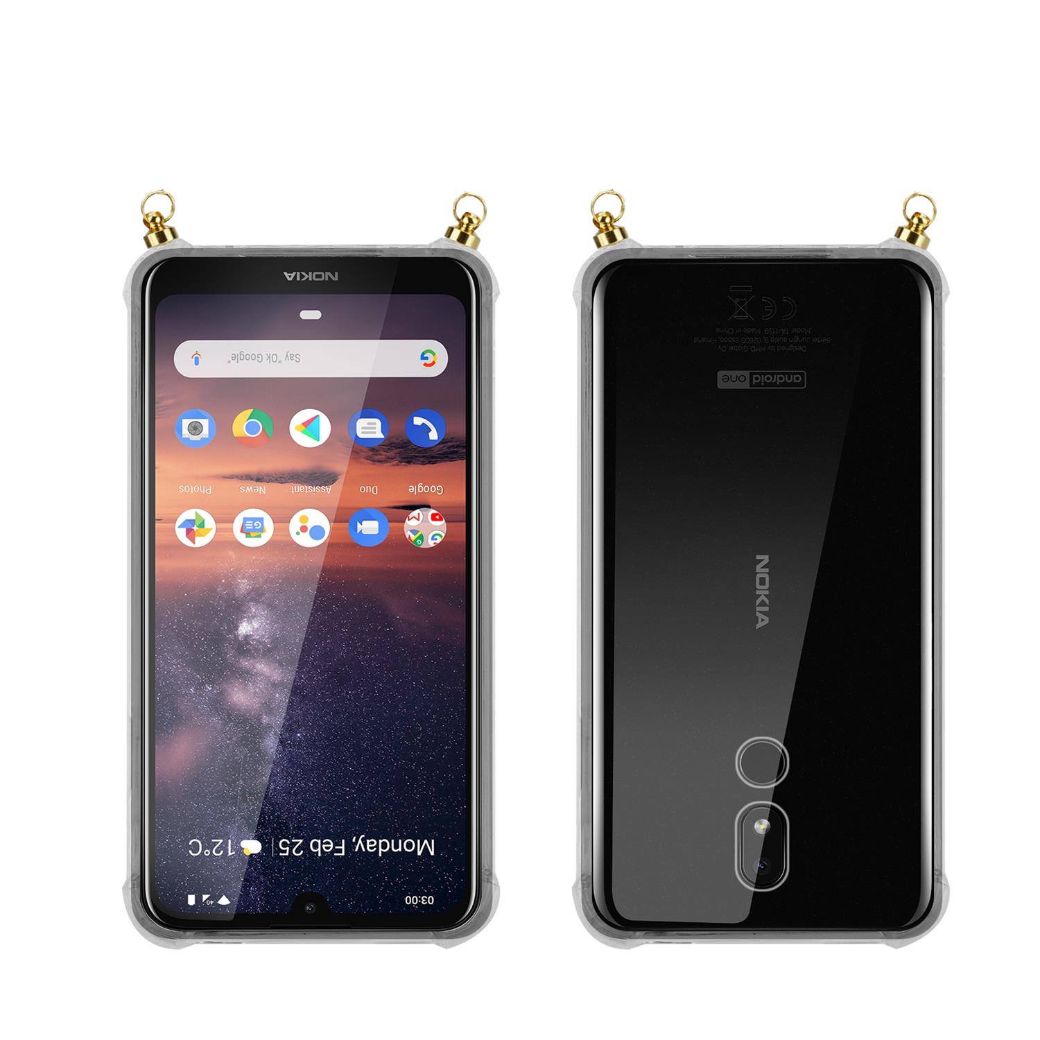 Silikon Hülle Handykette für Nokia 3,2 mit goldenen Ringen in DURCHSICHTIG