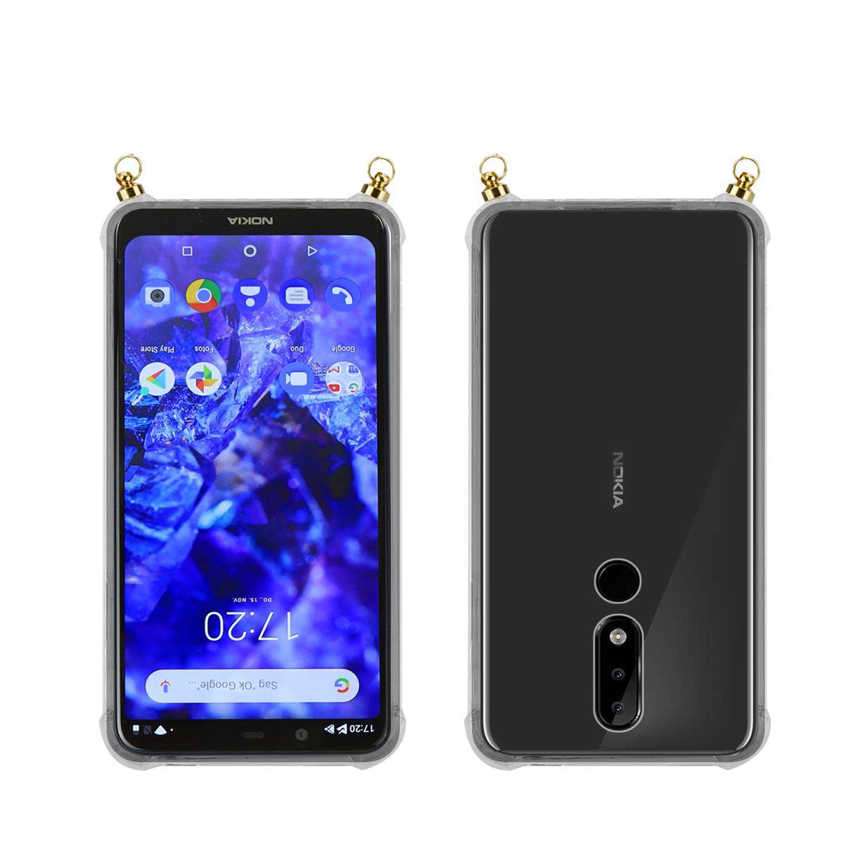Silikon Hülle Handykette für Nokia 5.1 PLUS / X5 mit goldenen Ringen in DURCHSICHTIG
