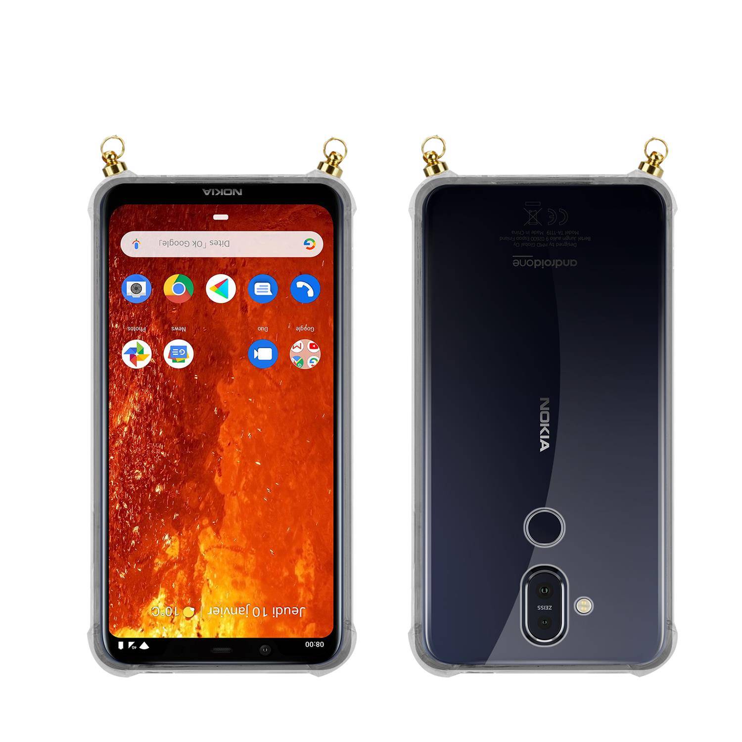 Silikon Hülle Handykette für Nokia 8,1 mit goldenen Ringen in DURCHSICHTIG