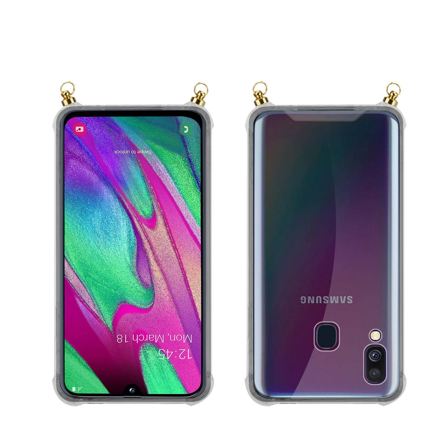 Silikon Hülle Handykette für Samsung Galaxy A40 mit goldenen Ringen in DURCHSICHTIG