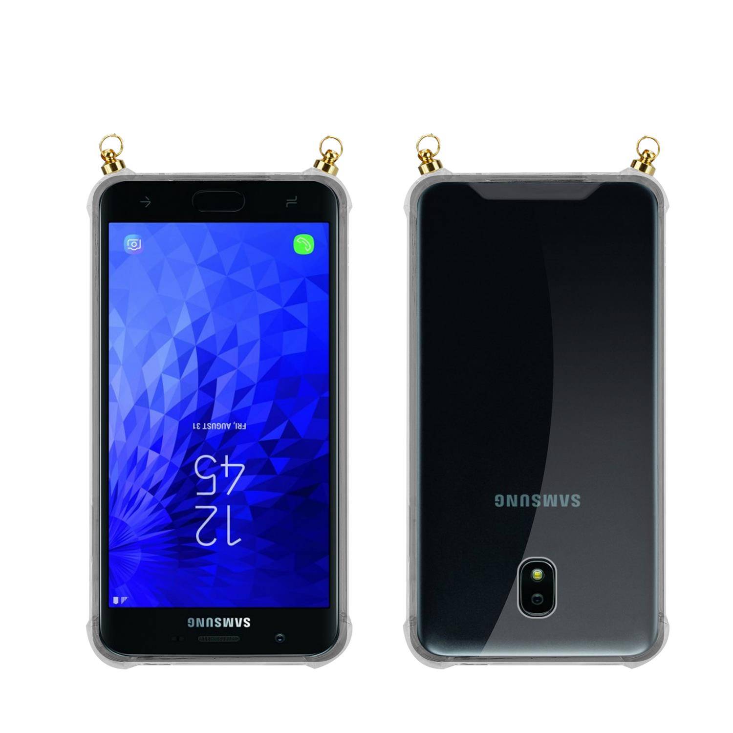Silikon Hülle Handykette für Samsung Galaxy J3 2018 mit goldenen Ringen in DURCHSICHTIG