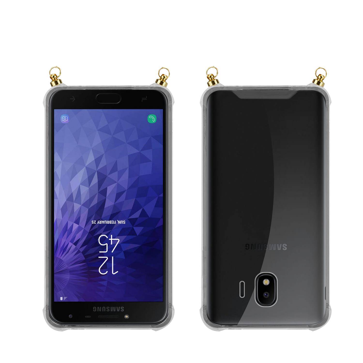 Silikon Hülle Handykette für Samsung Galaxy J4 2018 mit goldenen Ringen in DURCHSICHTIG