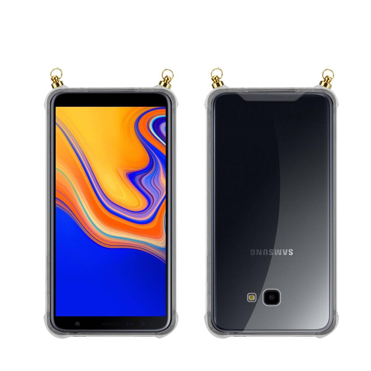 Silikon Hülle Handykette für Samsung Galaxy J4 PLUS mit goldenen Ringen in DURCHSICHTIG
