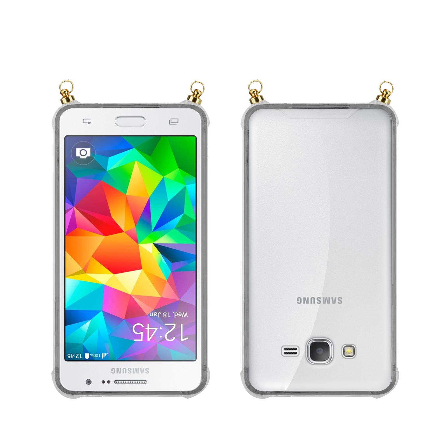 Silikon Hülle Handykette für Samsung Galaxy GRAND PRIME mit goldenen Ringen in DURCHSICHTIG