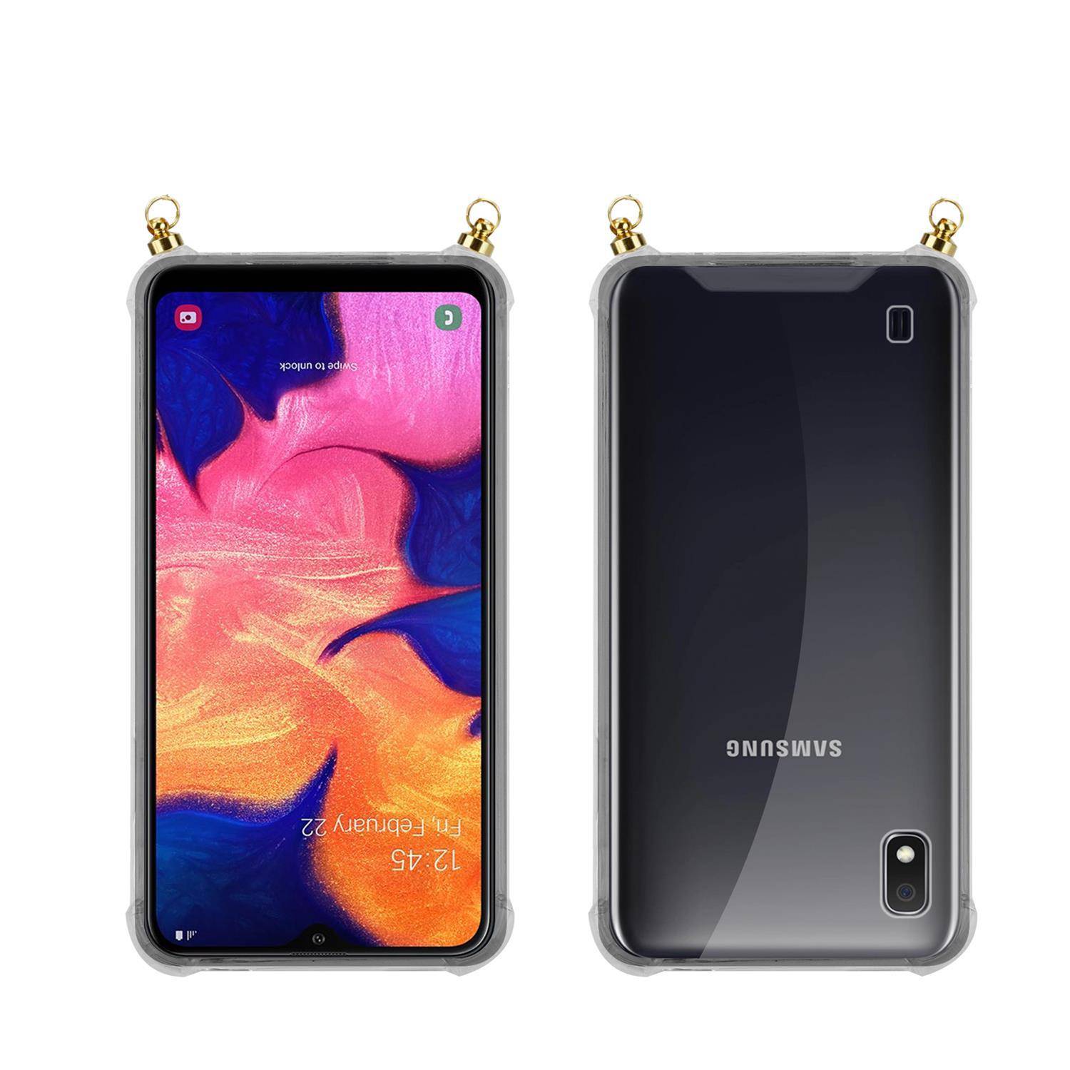 Silikon Hülle Handykette für Samsung Galaxy A10 / M10 mit goldenen Ringen in DURCHSICHTIG