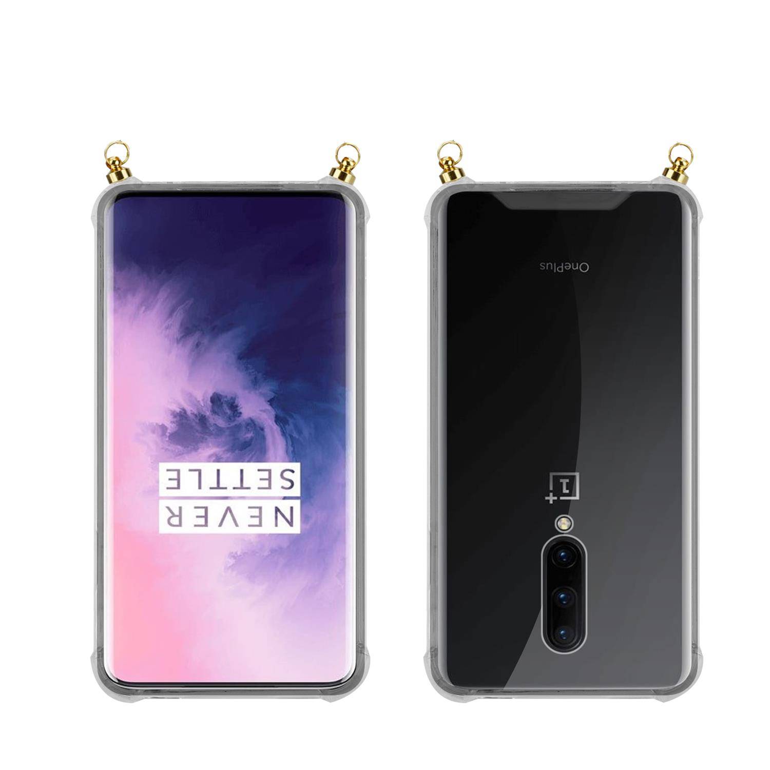 Silikon Hülle Handykette für OnePlus 7 PRO mit goldenen Ringen in DURCHSICHTIG