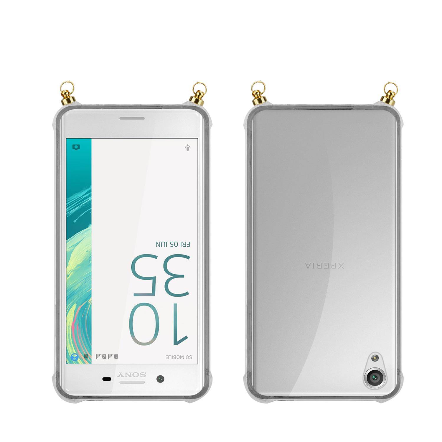 Silikon Hülle Handykette für Sony Xperia X mit goldenen Ringen in DURCHSICHTIG