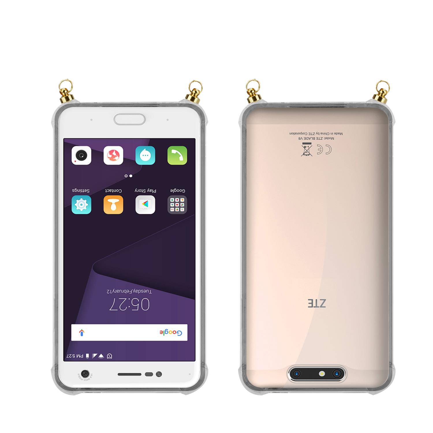 Silikon Hülle Handykette für ZTE Blade V8 mit goldenen Ringen in DURCHSICHTIG