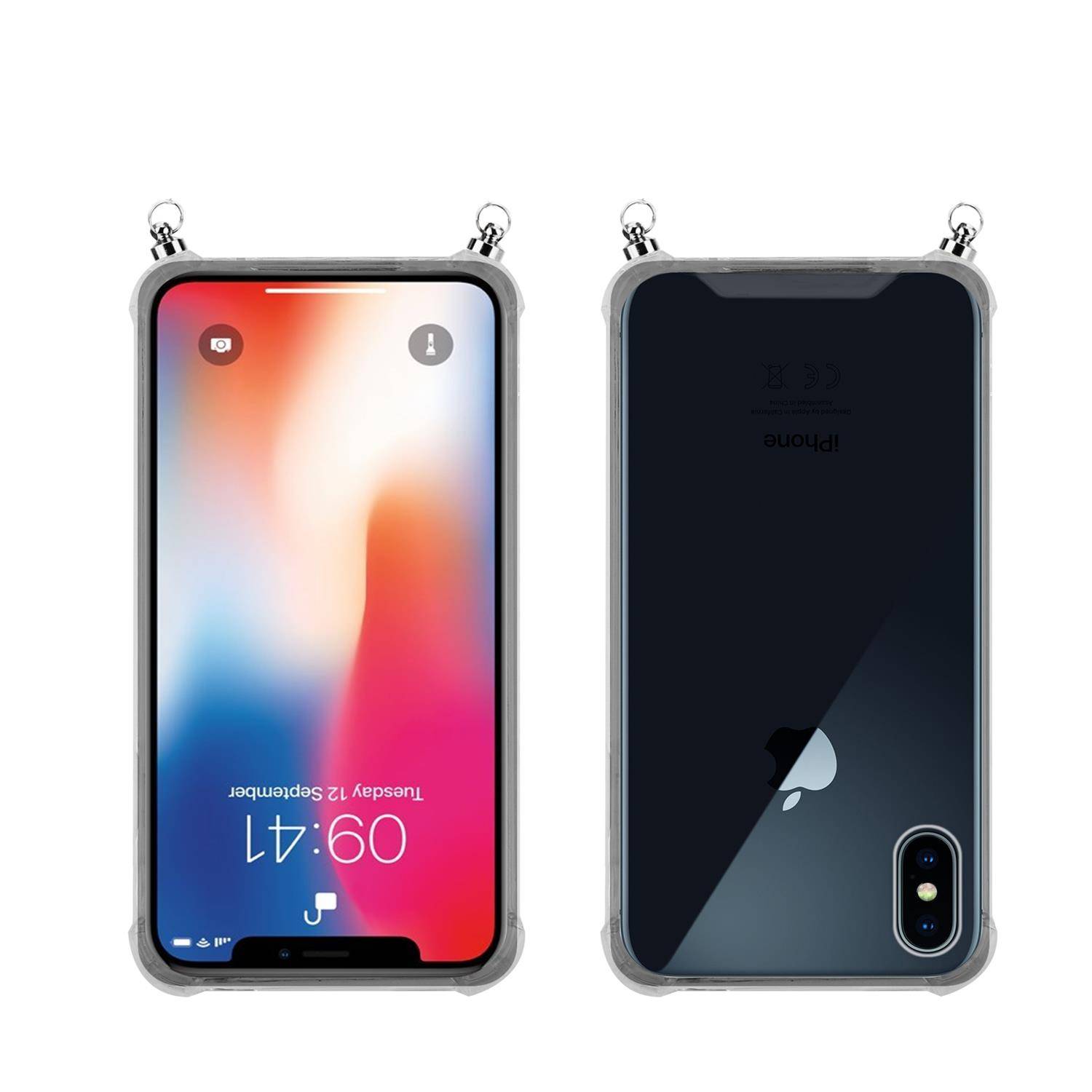 Silikon Hülle Handykette für Apple iPhone X / XS mit Graunen Ringen in DURCHSICHTIG