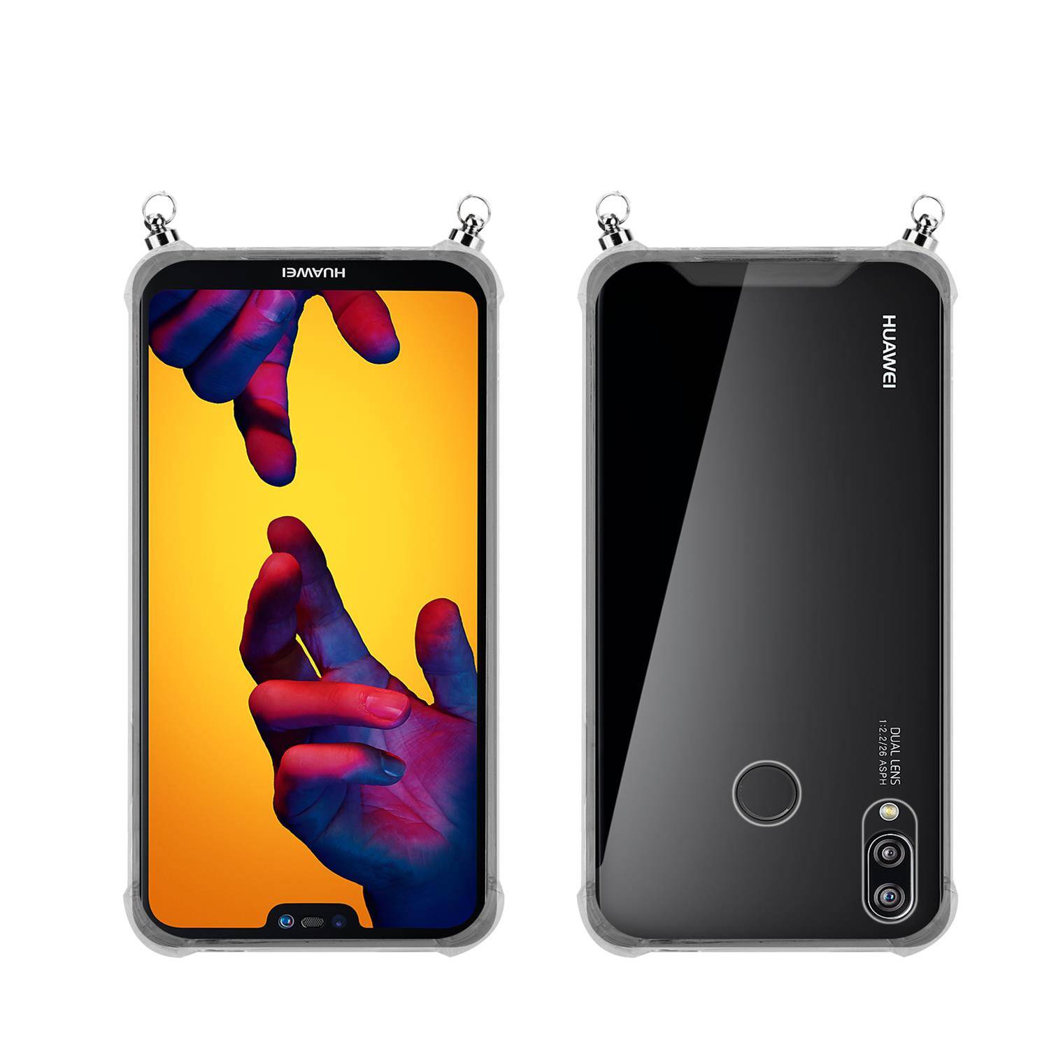 Silikon Hülle Handykette für Huawei P20 LITE 2018 / NOVA 3E mit Graunen Ringen in DURCHSICHTIG
