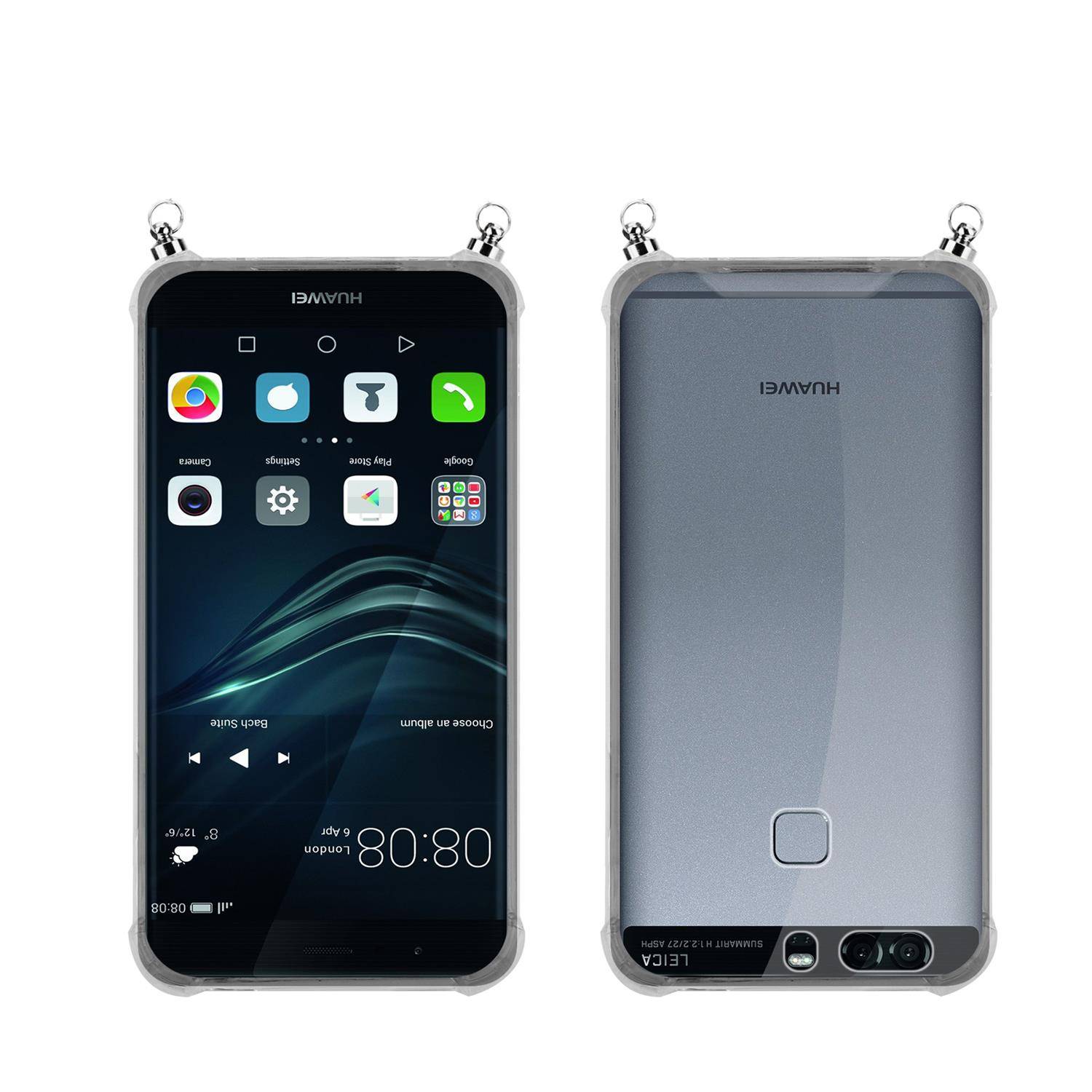 Silikon Hülle Handykette für Huawei P9 mit Graunen Ringen in DURCHSICHTIG