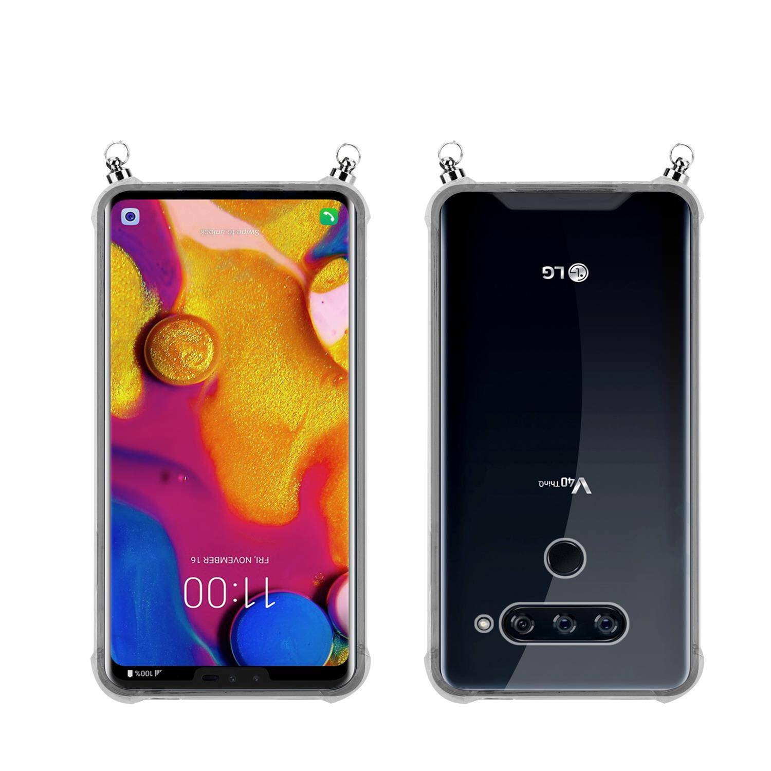 Silikon Hülle Handykette für LG V40 mit Graunen Ringen in DURCHSICHTIG