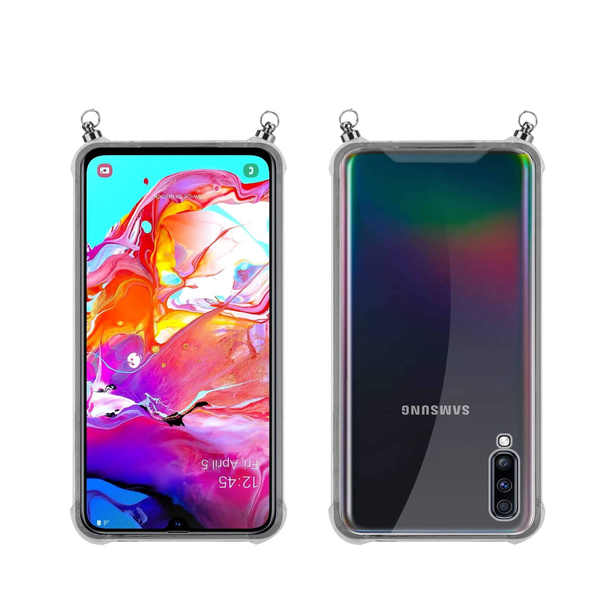 Silikon Hülle Handykette für Samsung Galaxy A70 / A70s mit Graunen Ringen in DURCHSICHTIG