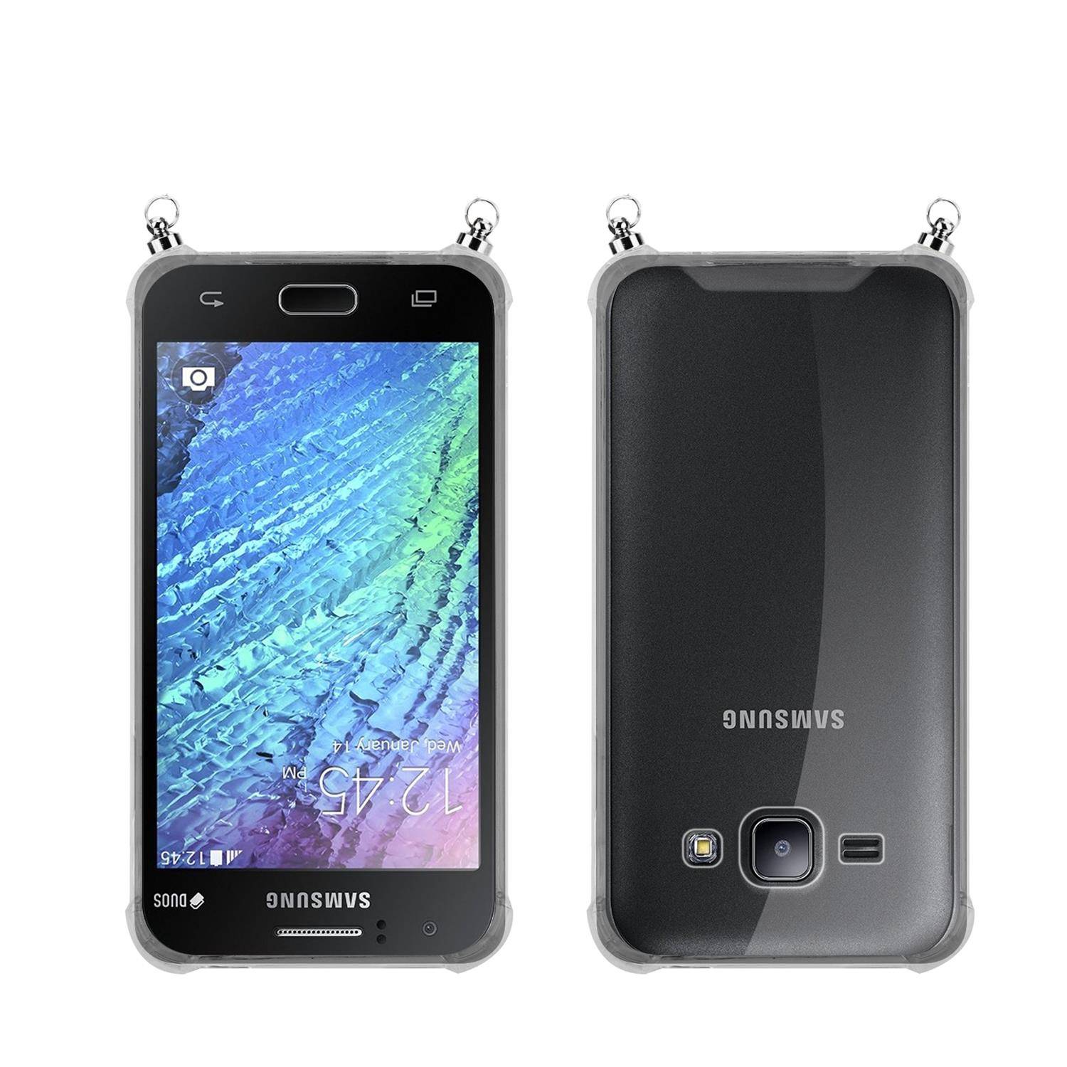 Silikon Hülle Handykette für Samsung Galaxy J1 2015 mit Graunen Ringen in DURCHSICHTIG