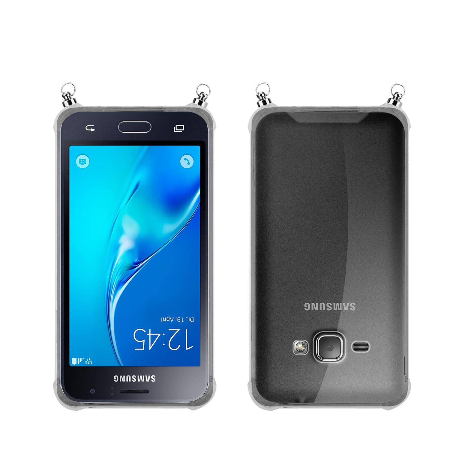 Silikon Hülle Handykette für Samsung Galaxy J1 2016 mit Graunen Ringen in DURCHSICHTIG