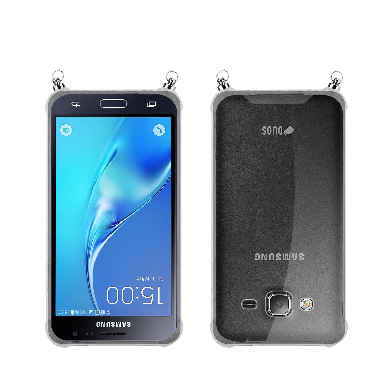 Silikon Hülle Handykette für Samsung Galaxy J3 2016 mit Graunen Ringen in DURCHSICHTIG