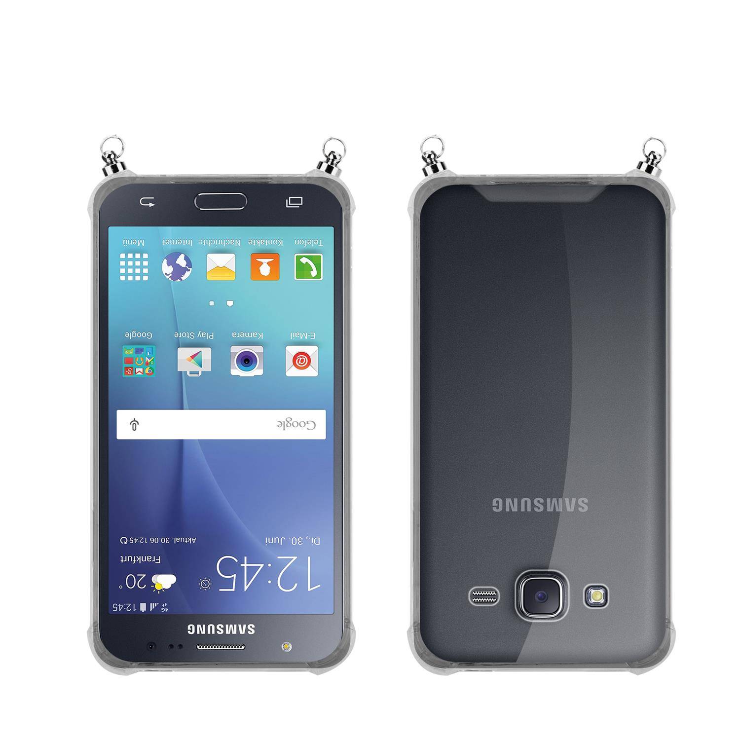 Silikon Hülle Handykette für Samsung Galaxy J5 2015 mit Graunen Ringen in DURCHSICHTIG