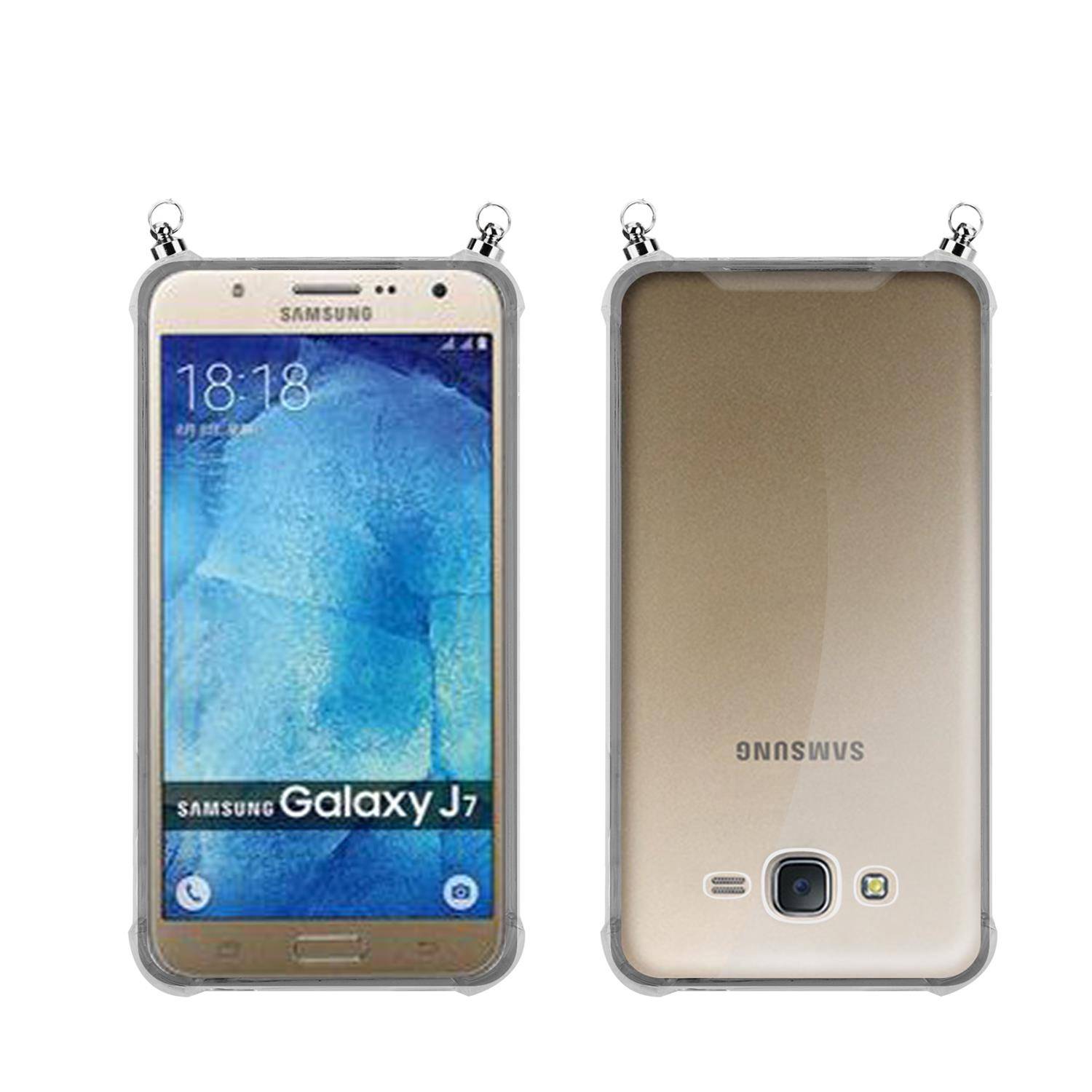 Silikon Hülle Handykette für Samsung Galaxy J7 2015 mit Graunen Ringen in DURCHSICHTIG