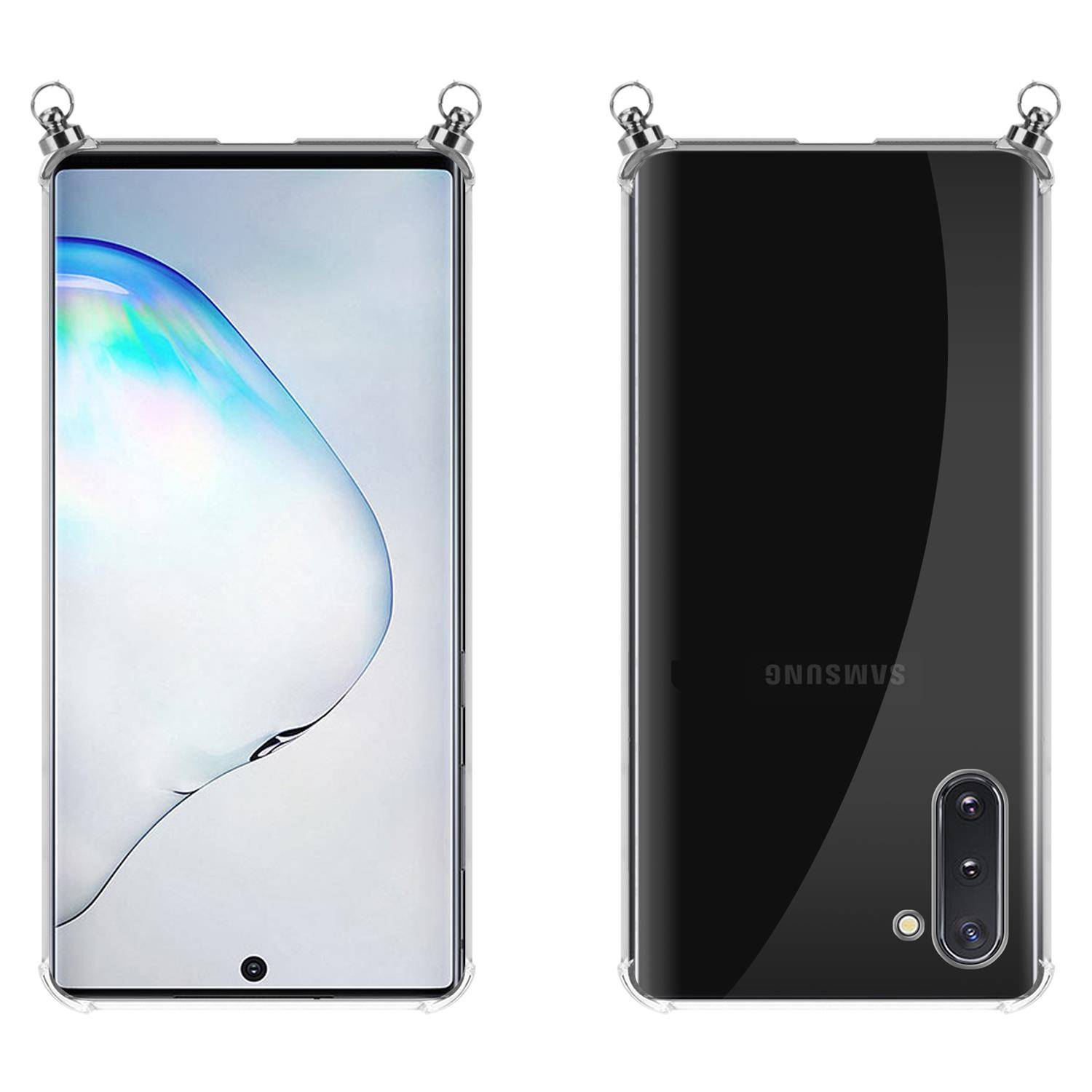 Silikon Hülle Handykette für Samsung Galaxy NOTE 10 mit Graunen Ringen in DURCHSICHTIG