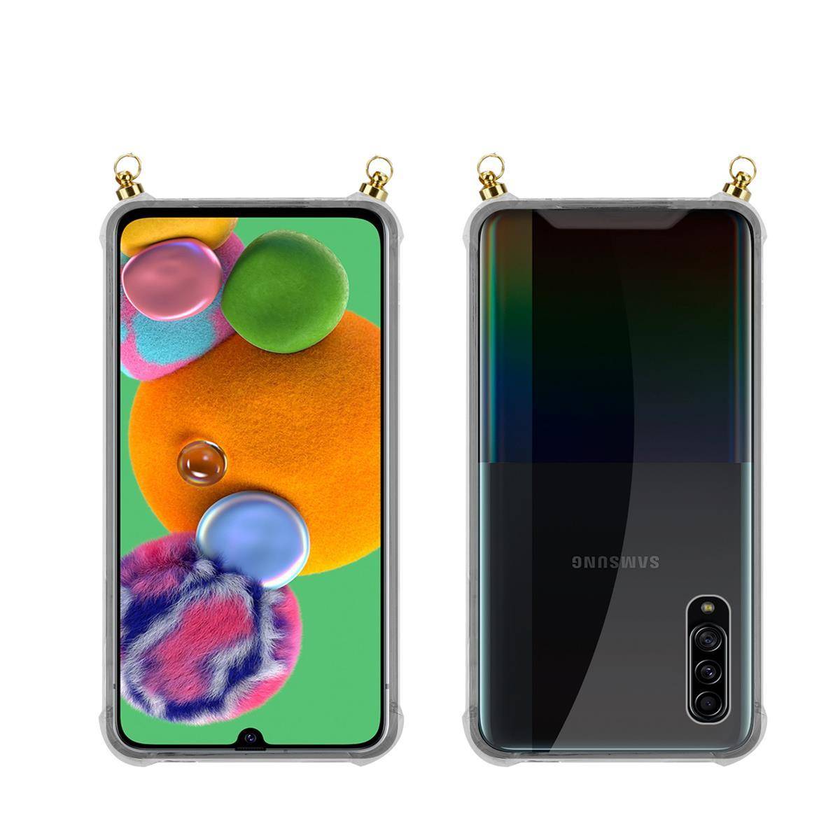 Silikon Hülle Handykette für Samsung Galaxy A90 5G mit goldenen Ringen in DURCHSICHTIG