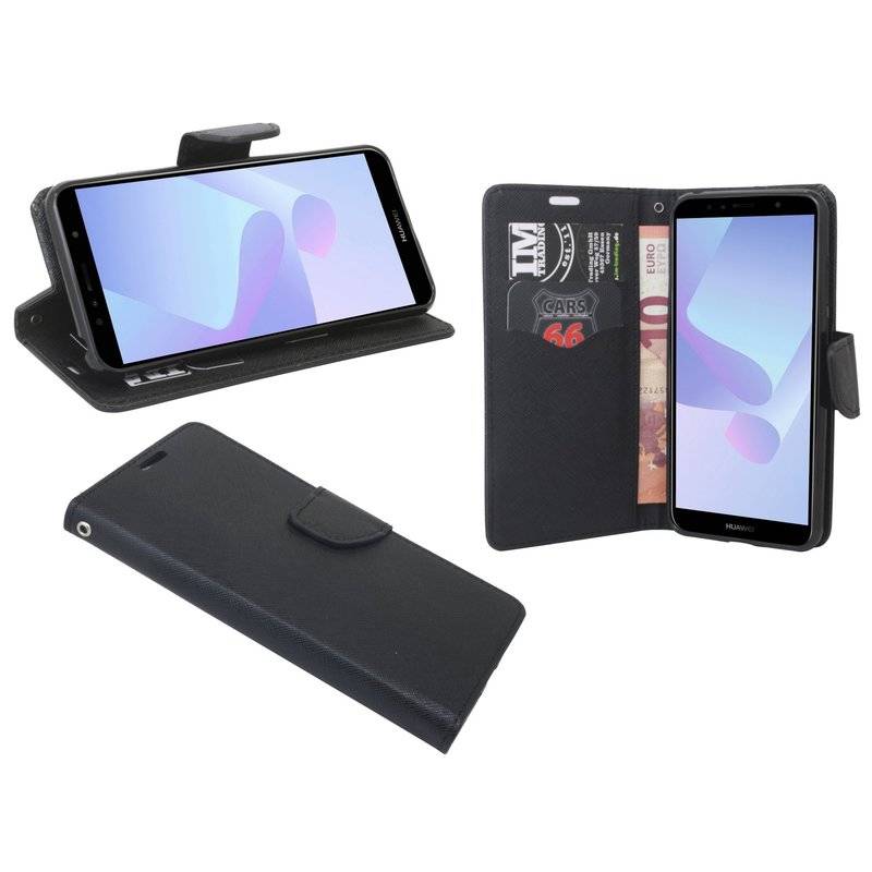 Elegante Buch-Tasche Hülle für Honor 7S in Schwarz Leder Optik Fancy Wallet Book-Style Cover Schale