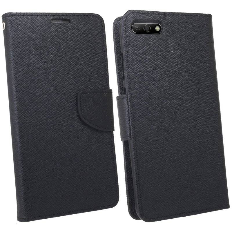 Elegante Buch-Tasche Hülle für Honor 7S in Schwarz Leder Optik Fancy Wallet Book-Style Cover Schale