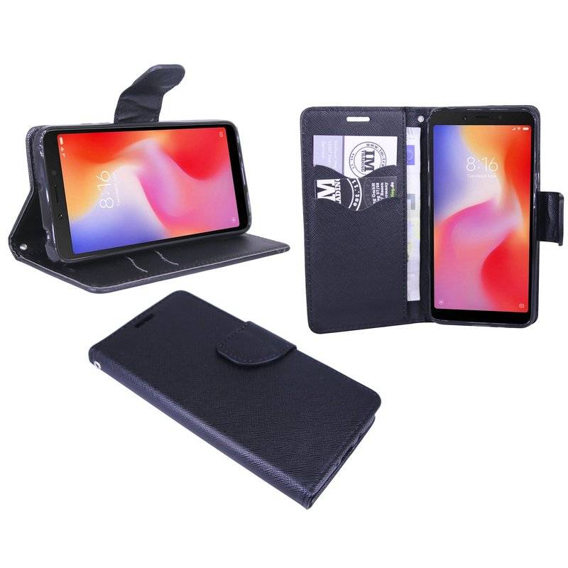 Elegante Buch-Tasche Hülle für das XIAOMI REDMI 6 in Schwarz Leder Optik Wallet Book-Style Cover Schale