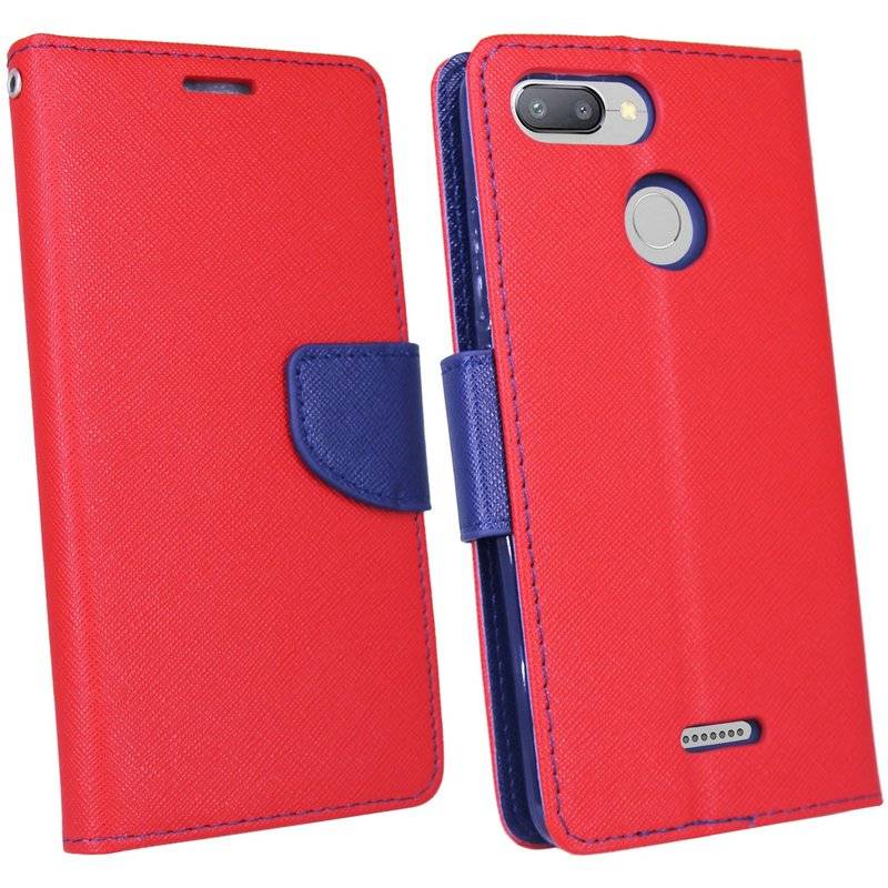 Elegante Buch-Tasche Hülle für das XIAOMI REDMI 6 in Rot-Blau Leder Optik Wallet Book-Style Cover Schale