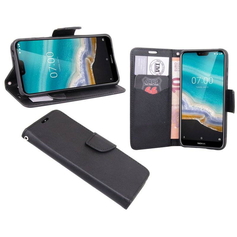 Elegante Buch-Tasche Hülle für das Nokia 7.1 (2018) in Schwarz Leder Optik Wallet Book-Style Cover Schale